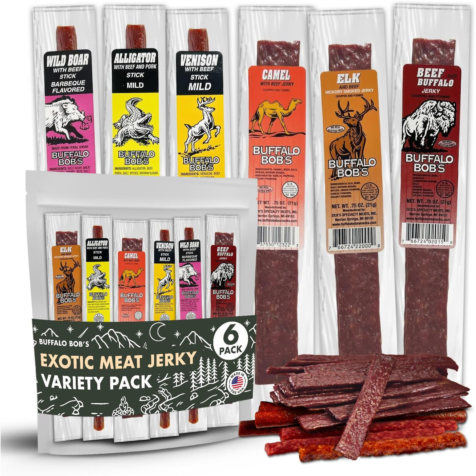 Buffalo Bob's Wild Game Meat Snacks (6 Pack) | Exotic Jerky Sampler | Beef Jerky Gift Set, Snack Baskets For Men, Meat Gifts For Dad | Wild Boar, Alligator, Elk, Buffalo, Venison, Camel | Exotic Pack