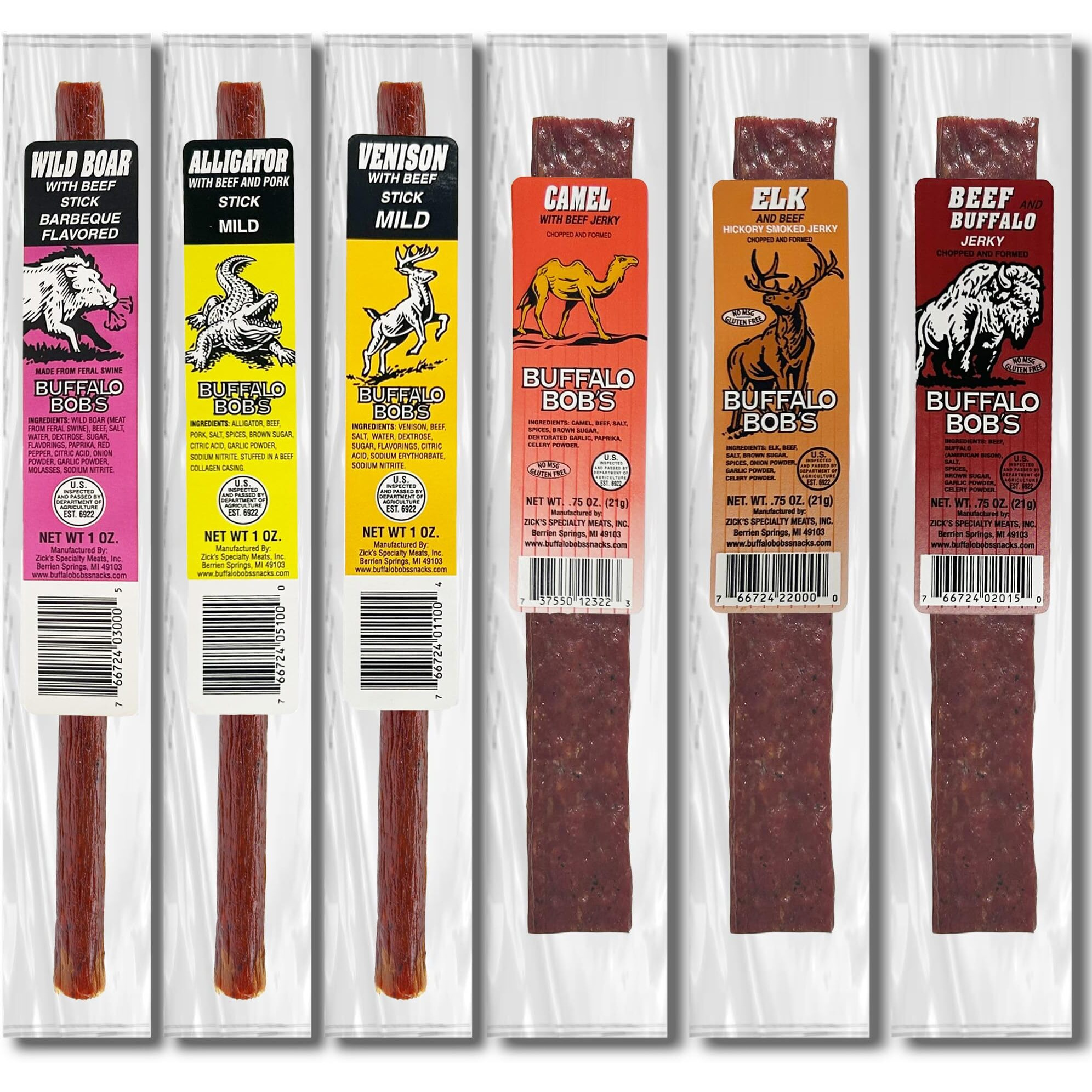 Buffalo Bob's Wild Game Meat Snacks (6 Pack) | Exotic Jerky Sampler | Beef Jerky Gift Set, Snack Baskets For Men, Meat Gifts For Dad | Wild Boar, Alligator, Elk, Buffalo, Venison, Camel | Exotic Pack