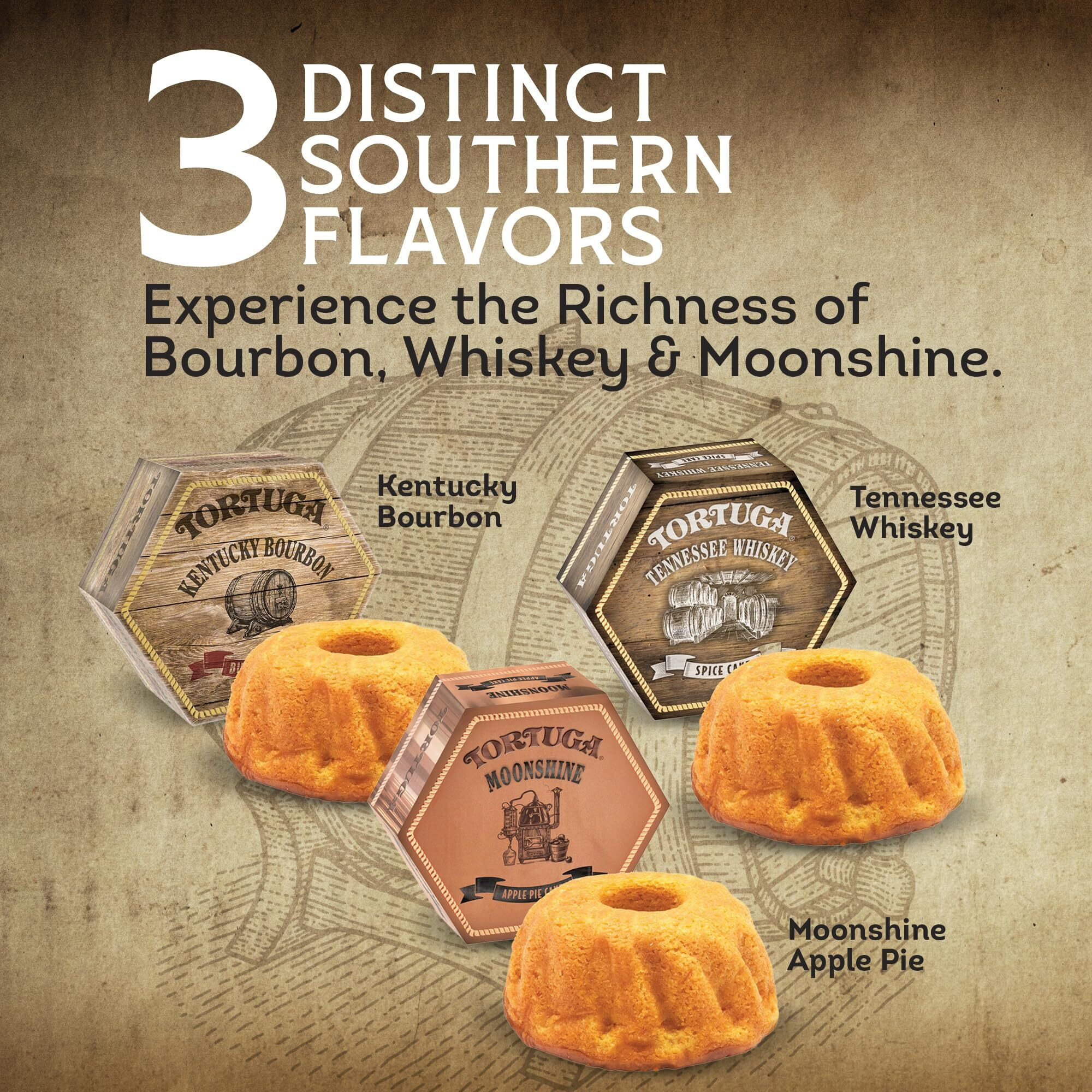 Tortuga Southern Trio Gift Pack - Tennessee Whiskey, Kentucky Bourbon, & Moonshine Apple Pie - 6 4Oz Cakes - The Perfect Premium Gourmet Gift For Gift Baskets, And Birthday Cakes For Delivery