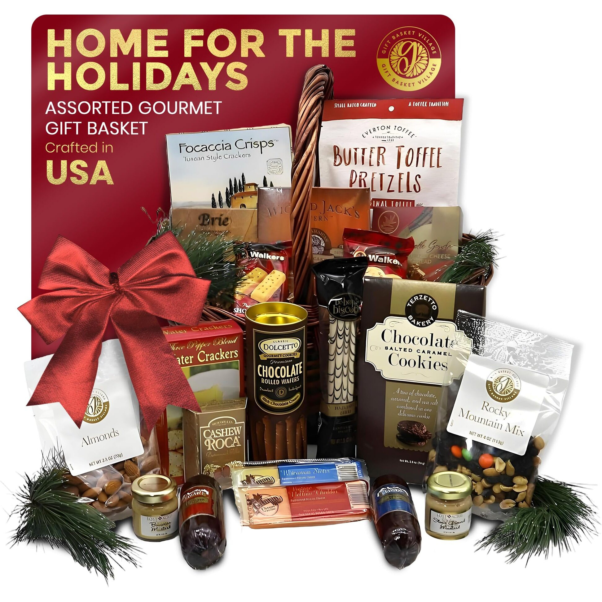 Gift Basket Village - Home For The Holidays Gourmet Gift Basket - Loaded With Crackers, Wafers, And Spreads - Food Gift Basket For All Occasions - Ideal Gourmet Gift Baskets For Family & Friends