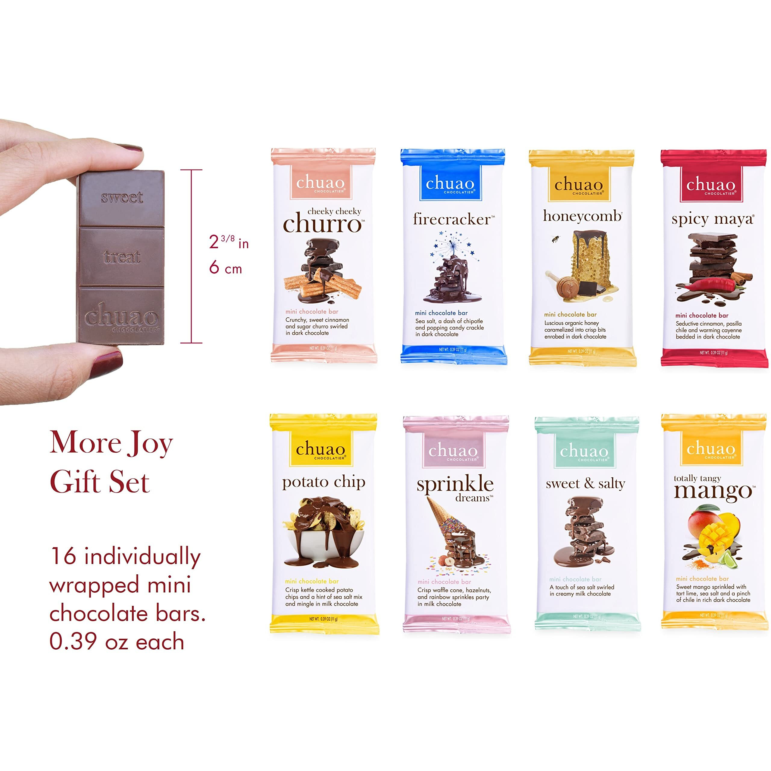Chuao Chocolatier More Joy Assorted Mini Gourmet Chocolate Bars Gift Box | Milk And Dark Chocolate Variety Sampler For Holiday, Birthday, Thank You, Corporate Gift Baskets | 16 Bars, 0.39 Oz Each