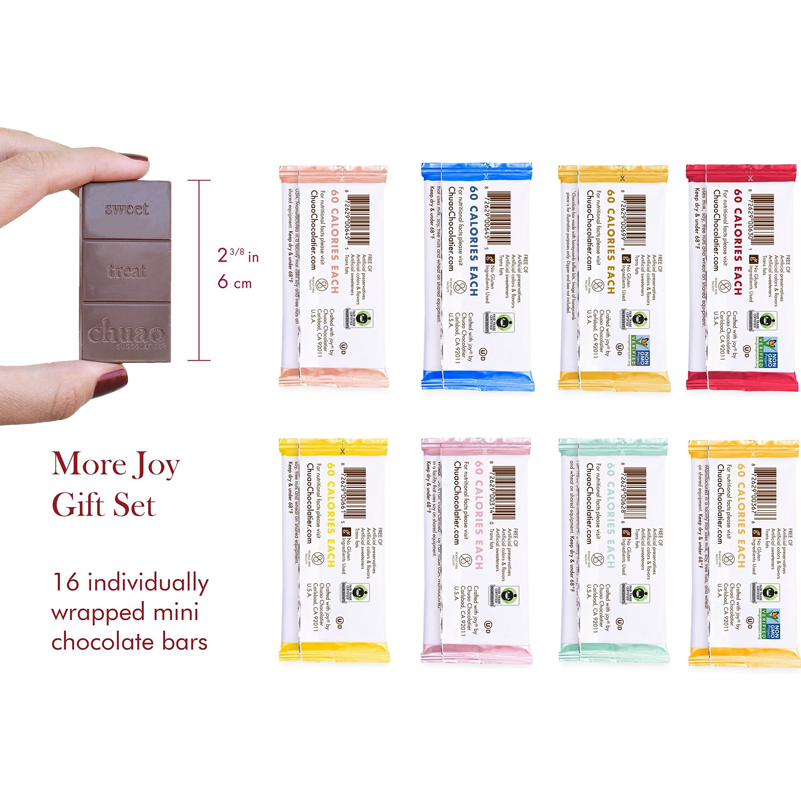 Chuao Chocolatier More Joy Assorted Mini Gourmet Chocolate Bars Gift Box | Milk And Dark Chocolate Variety Sampler For Holiday, Birthday, Thank You, Corporate Gift Baskets | 16 Bars, 0.39 Oz Each