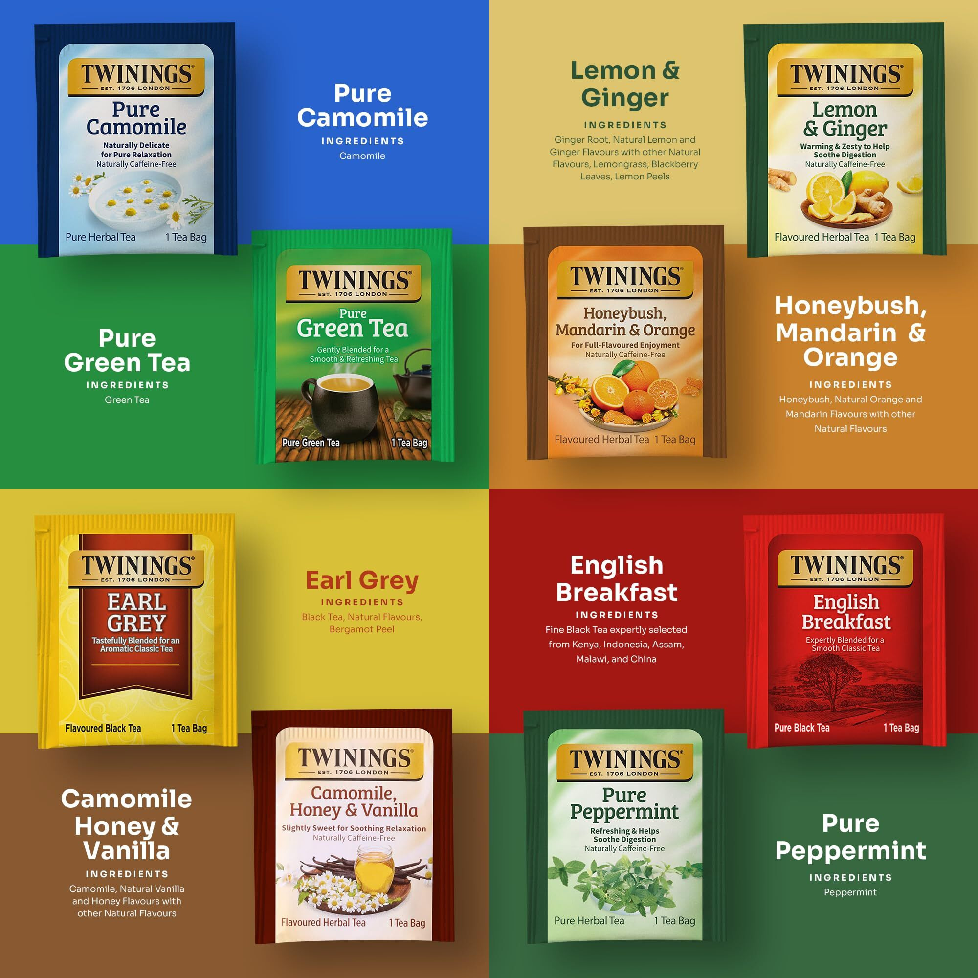 Twinings 48 Tea Bags Herbal Variety Pack, Bundle With 20 Flavored Honey Sticks - 8 Flavors Caffeine-Free Individually Wrapped Teas For Gift Baskets, Office, Or Lobby Refreshments