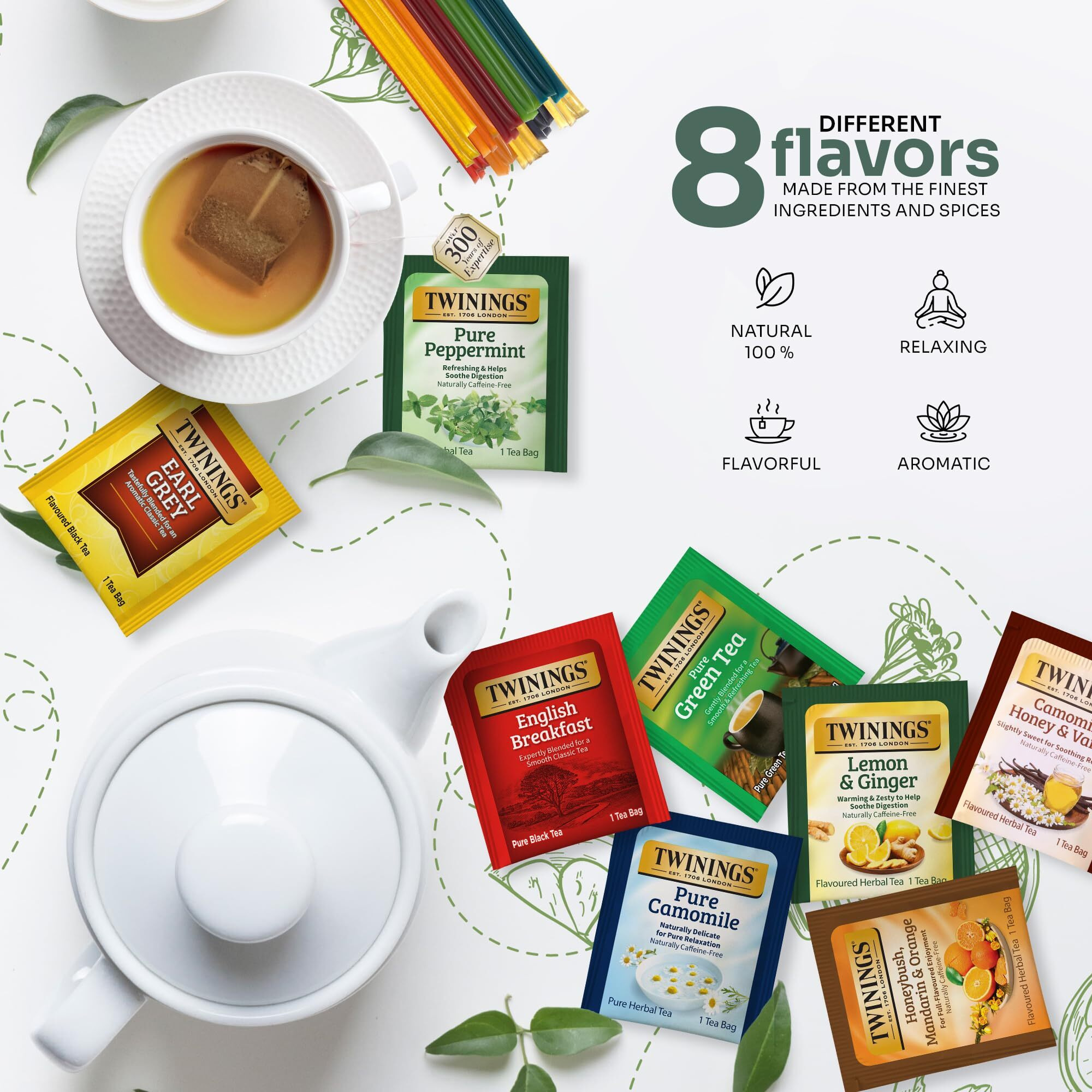 Twinings 48 Tea Bags Herbal Variety Pack, Bundle With 20 Flavored Honey Sticks - 8 Flavors Caffeine-Free Individually Wrapped Teas For Gift Baskets, Office, Or Lobby Refreshments