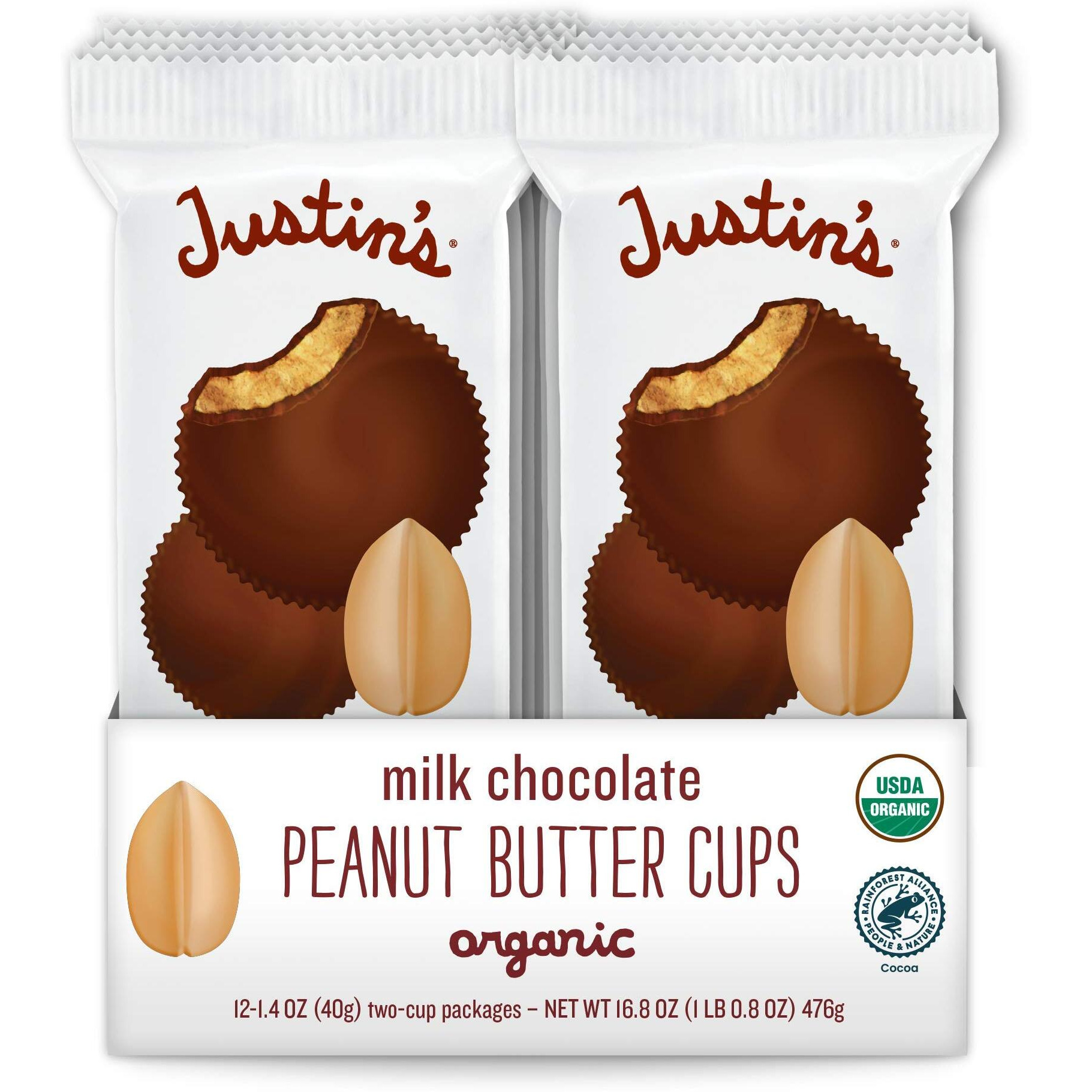 Justin's Organic Milk Chocolate Peanut Butter Cups, Rainforest Alliance Certified Cocoa, Gluten-Free, Responsibly Sourced, 12 Pack (2 Cups Each)