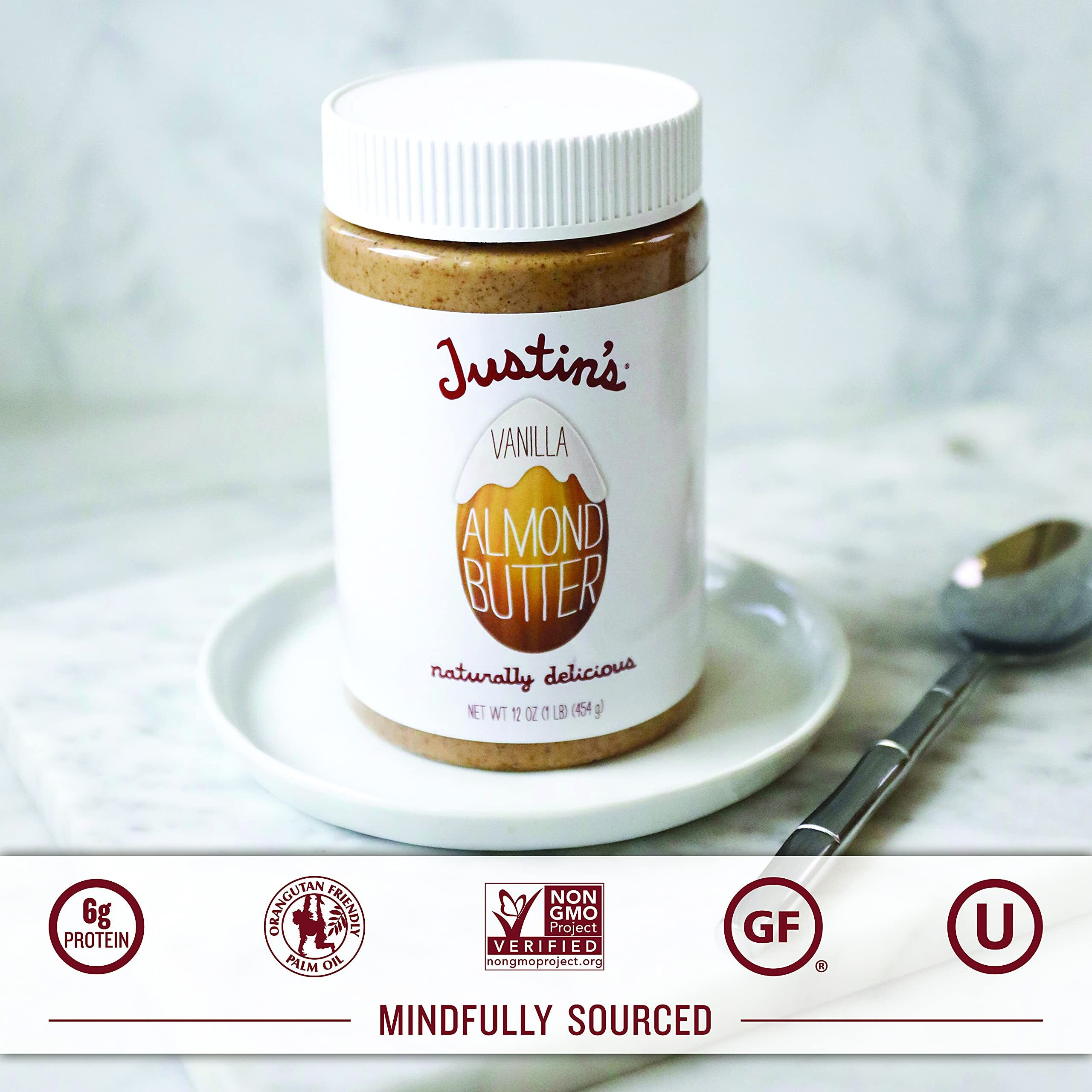Justin's Vanilla Almond Butter, Gluten-Free, Non-Gmo, Vegan, Sustainably Sourced, 16 Ounce Jar
