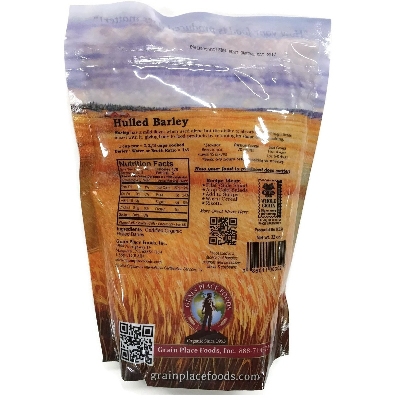 Grain Place Foods | Non-Gmo Organic Hulled Barley | Made In The Usa | 2 Lb Bag