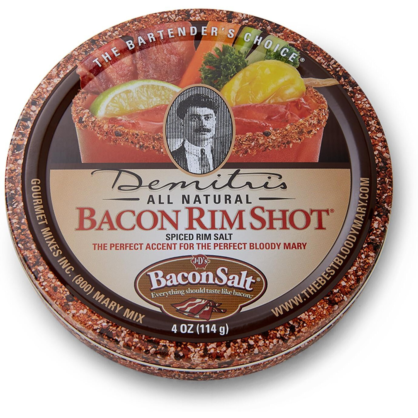 Demitri's Bacon Rimshot Spiced Rim Salt - Bacon Flavored Salt Rimmer For Cocktails - Drink Garnish - Perfect For Bloody Marys, Margaritas, And More - 4Oz Tin (Pack Of 1)