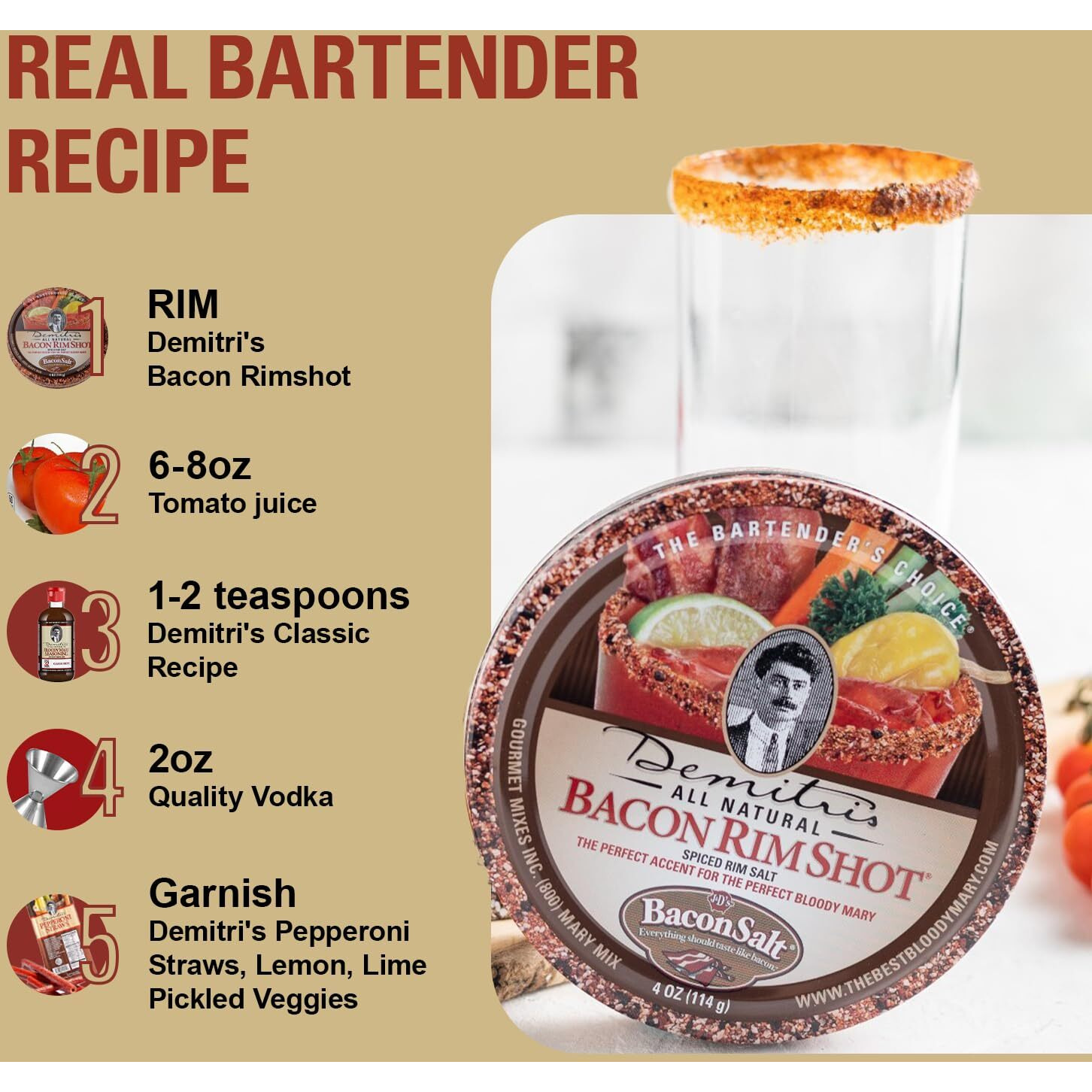 Demitri's Bacon Rimshot Spiced Rim Salt - Bacon Flavored Salt Rimmer For Cocktails - Drink Garnish - Perfect For Bloody Marys, Margaritas, And More - 4Oz Tin (Pack Of 1)