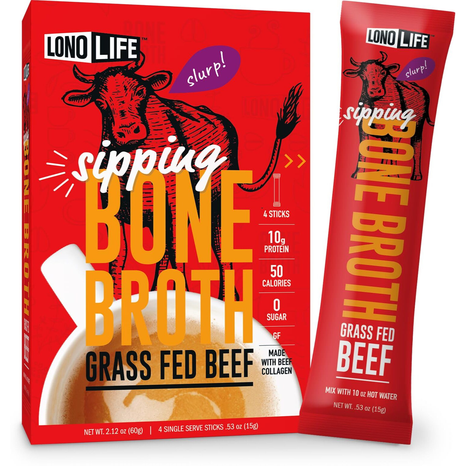 Lonolife Beef Bone Broth Powder Mix | Grass-Fed, 10G Protein | Collagen-Rich, Keto & Paleo Friendly | Natural Ingredients | 4 Portable Stick Pack Servings