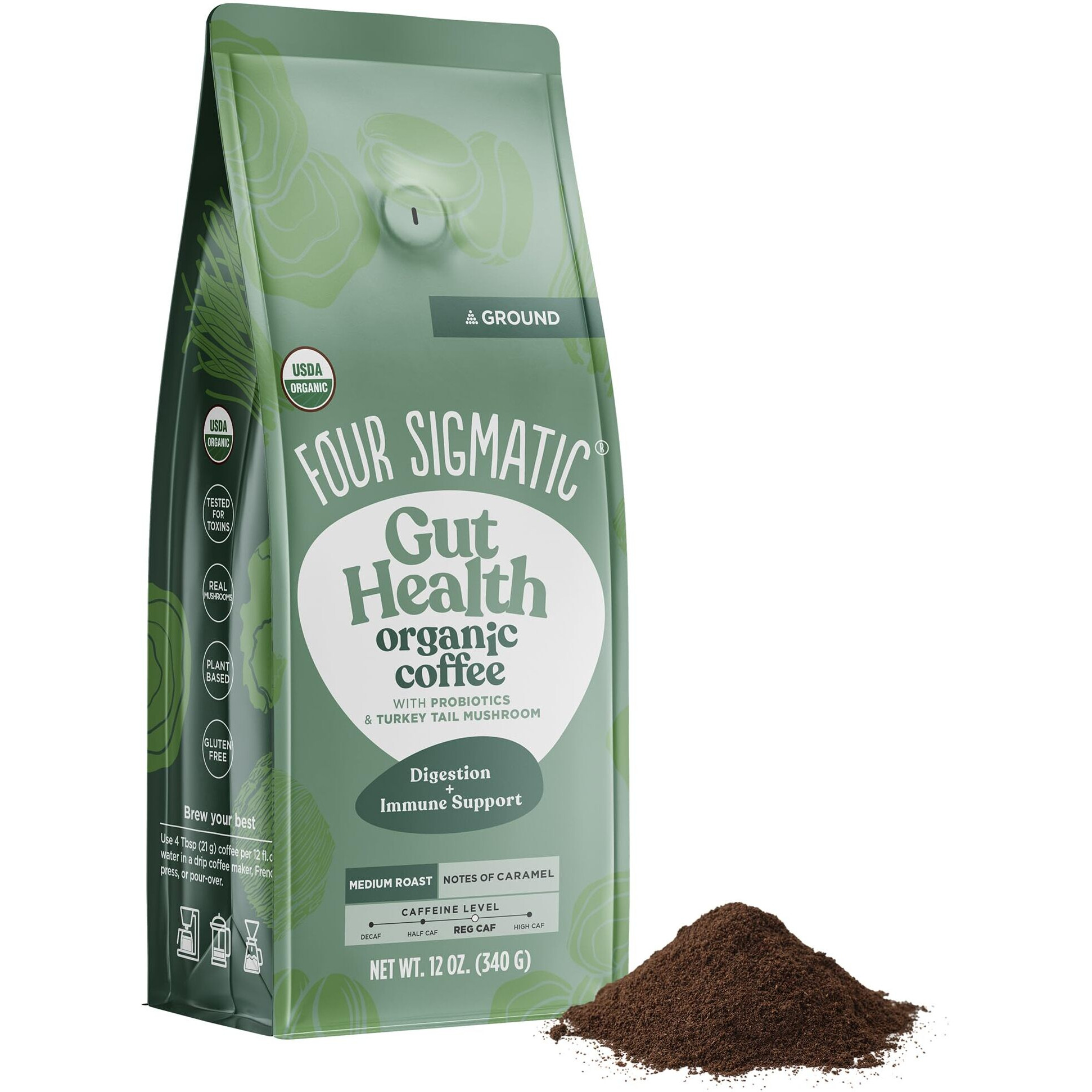 Four Sigmatic Gut Health Organic Ground Coffee | Medium Roast, Immune Boosting Probiotic Mushroom Coffee With Chaga & Turkey Tail For Gut Health & Immune Support | 12Oz Bag