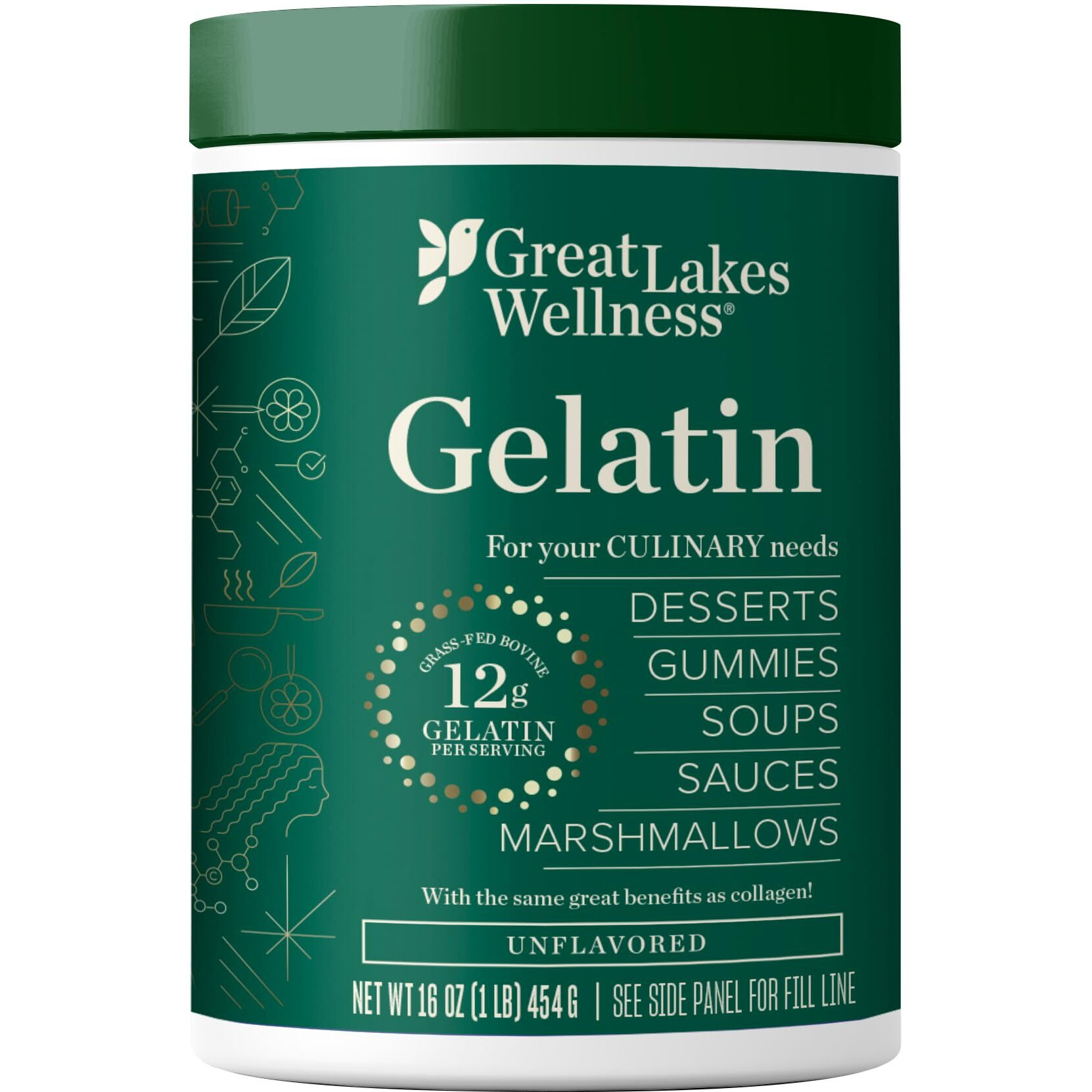Great Lakes Wellness Beef Gelatin Powder For Culinary Needs - Perfect For Gummies, Marshmallows, Desserts And More - Unflavored - Grass-Fed, Kosher, Keto, Non-Gmo 16 Oz