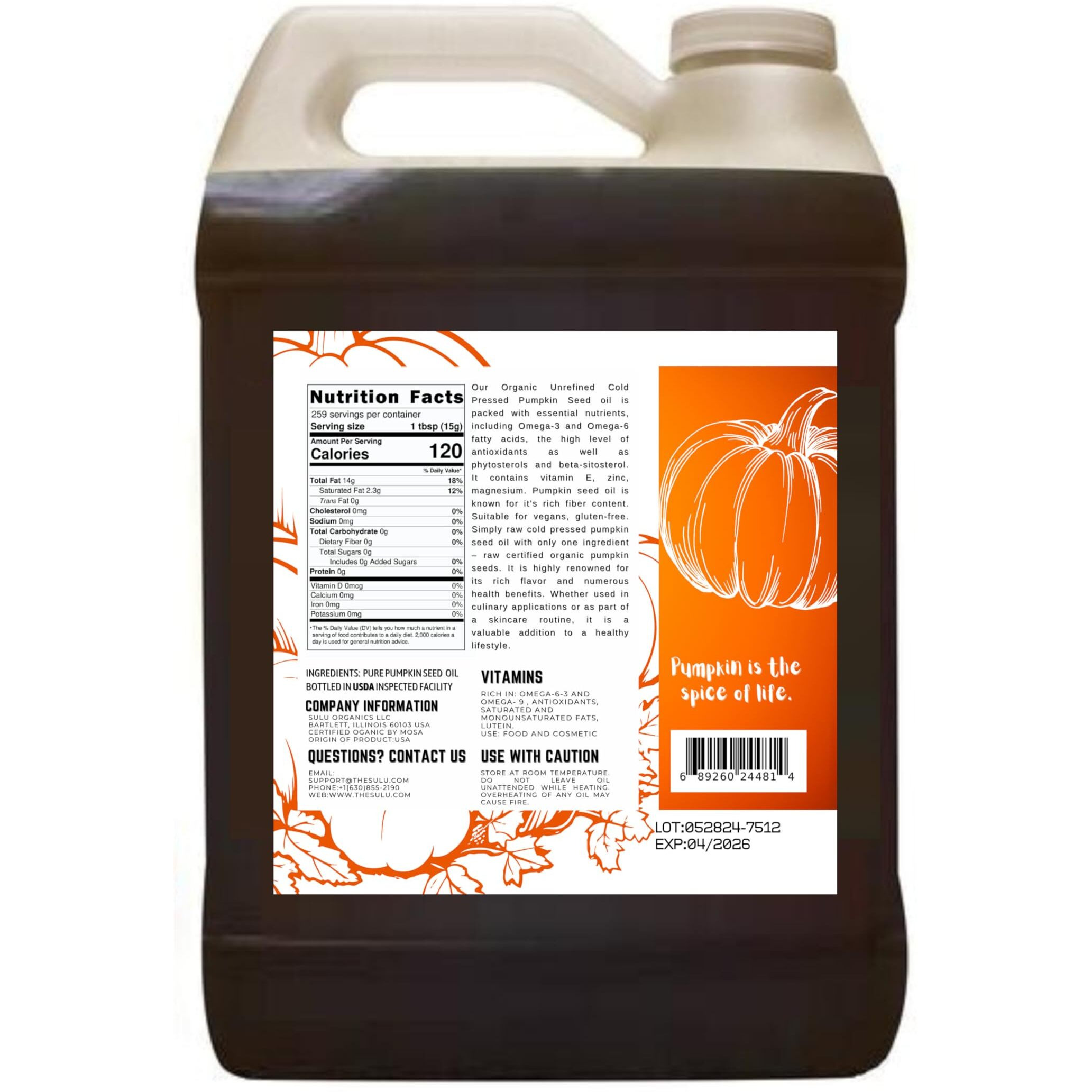100% Pure Unrefined Virgin Pumpkin Seed Oil All Natural 4 Lbs(64 Fl.Oz)