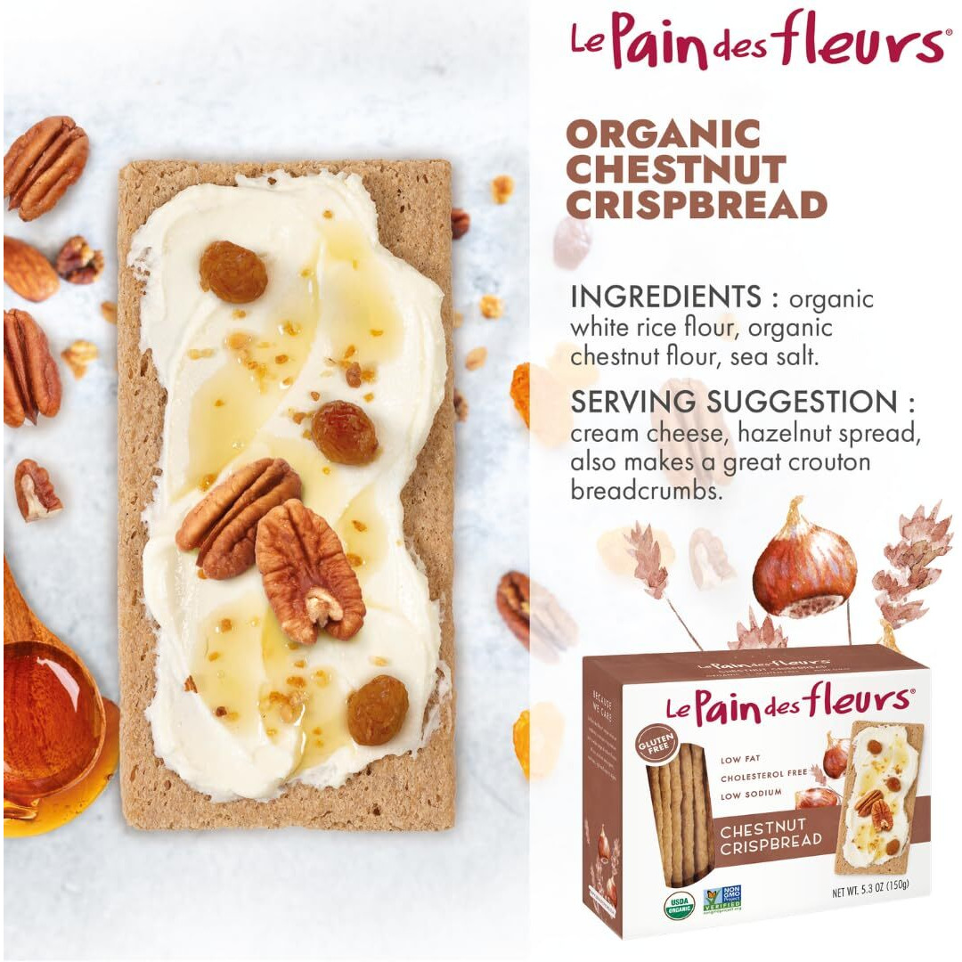 Le Pain Des Fleurs Organic Chestnut Crispbread | Low Sodium, Low Fat, Vegan, & Gluten Free Crackers| 6 Pack Of 4.4Oz Boxes