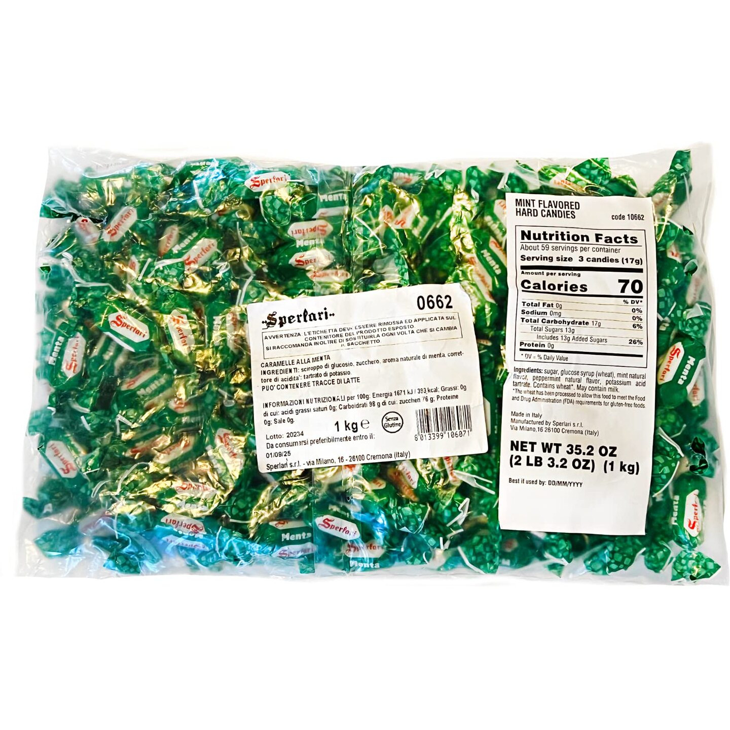 Sperlari "&quotMenta"" Mint Hard Candy Bulk Bag, Individually Wrapped Italian Sweets, 1 Kg / 2.2 Lbs Bag (1-Pack)