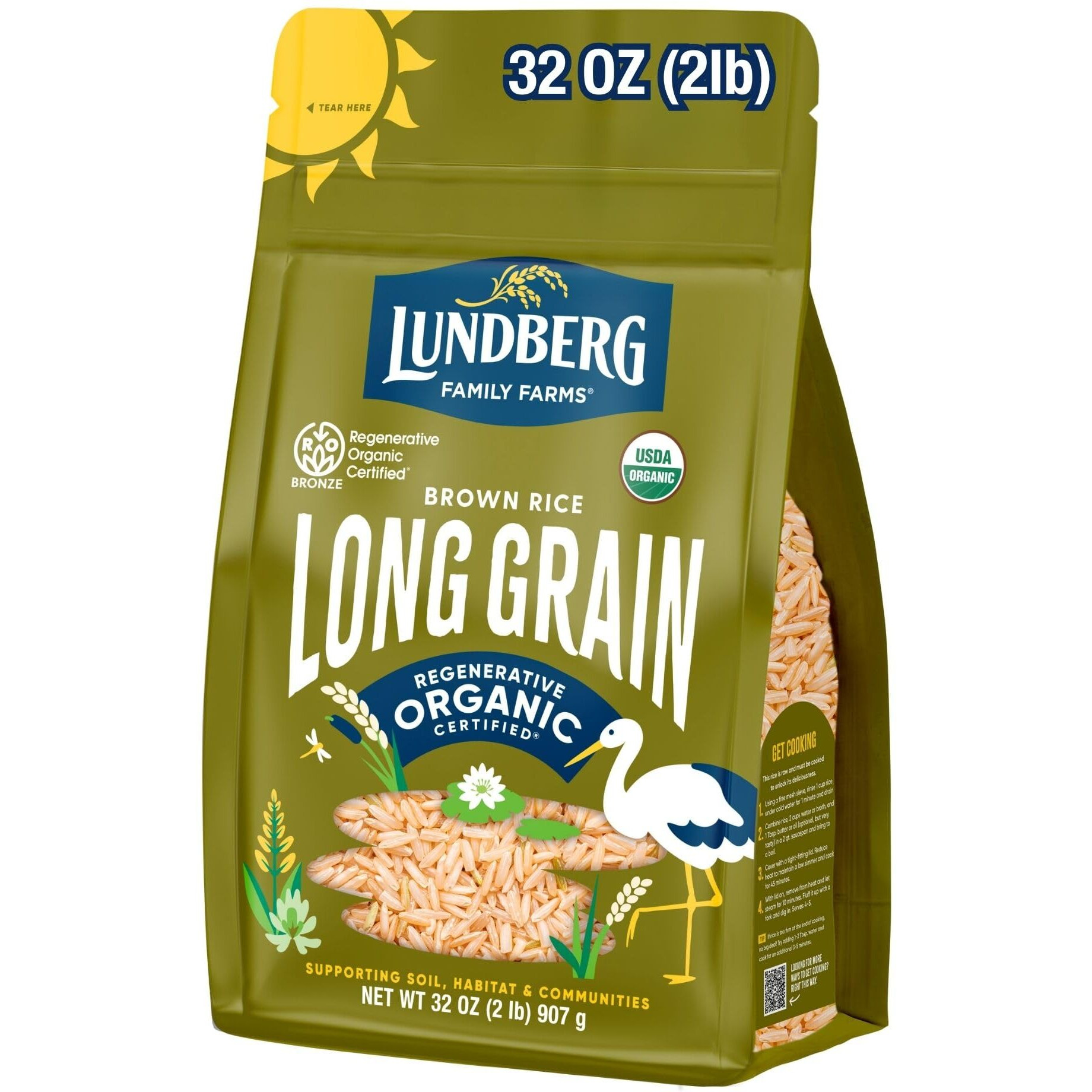Lundberg Regenerative Organic Brown Rice Long Grain, Kosher, Usda Certified Organic, Gluten Free & Non-Gmo, 32 Ounce (Pack Of 1)