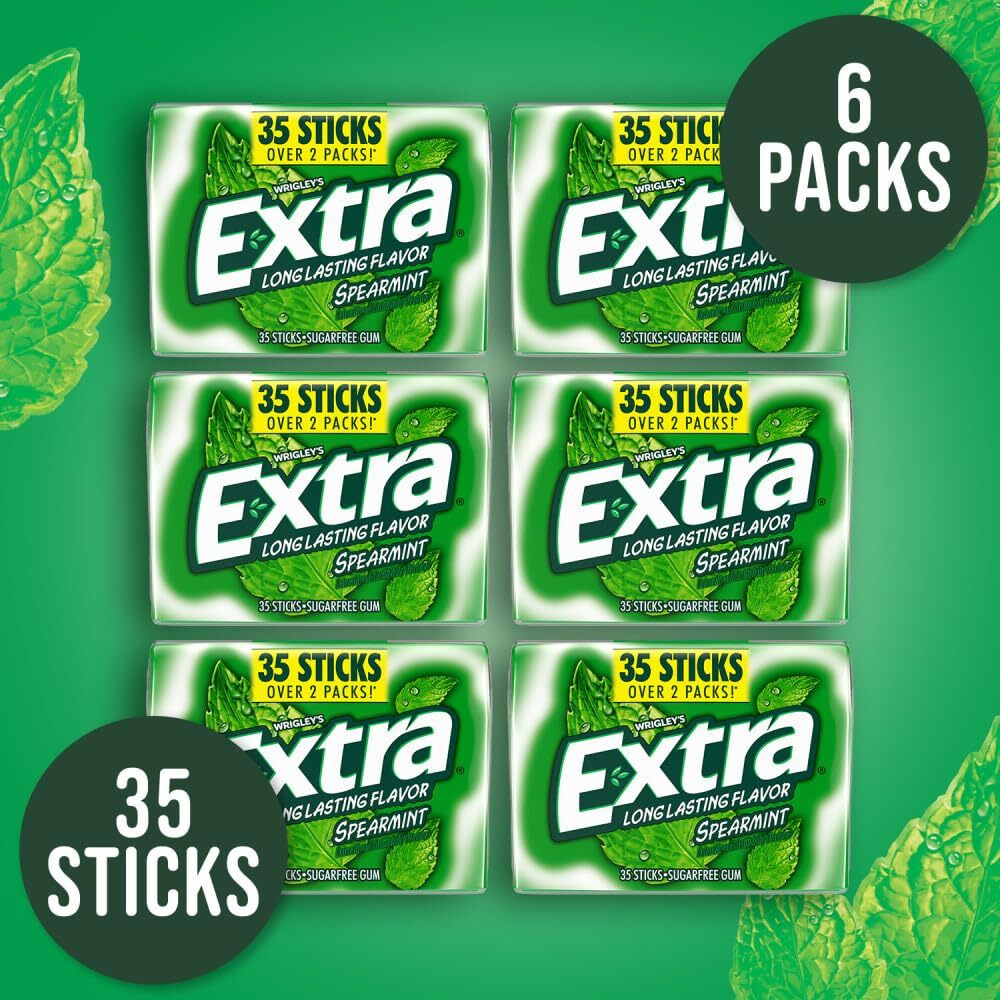 Extra Gum Spearmint, Bulk Chewing Gum Sugar-Free, Mega Pack Of 6 With 35 Sticks Each