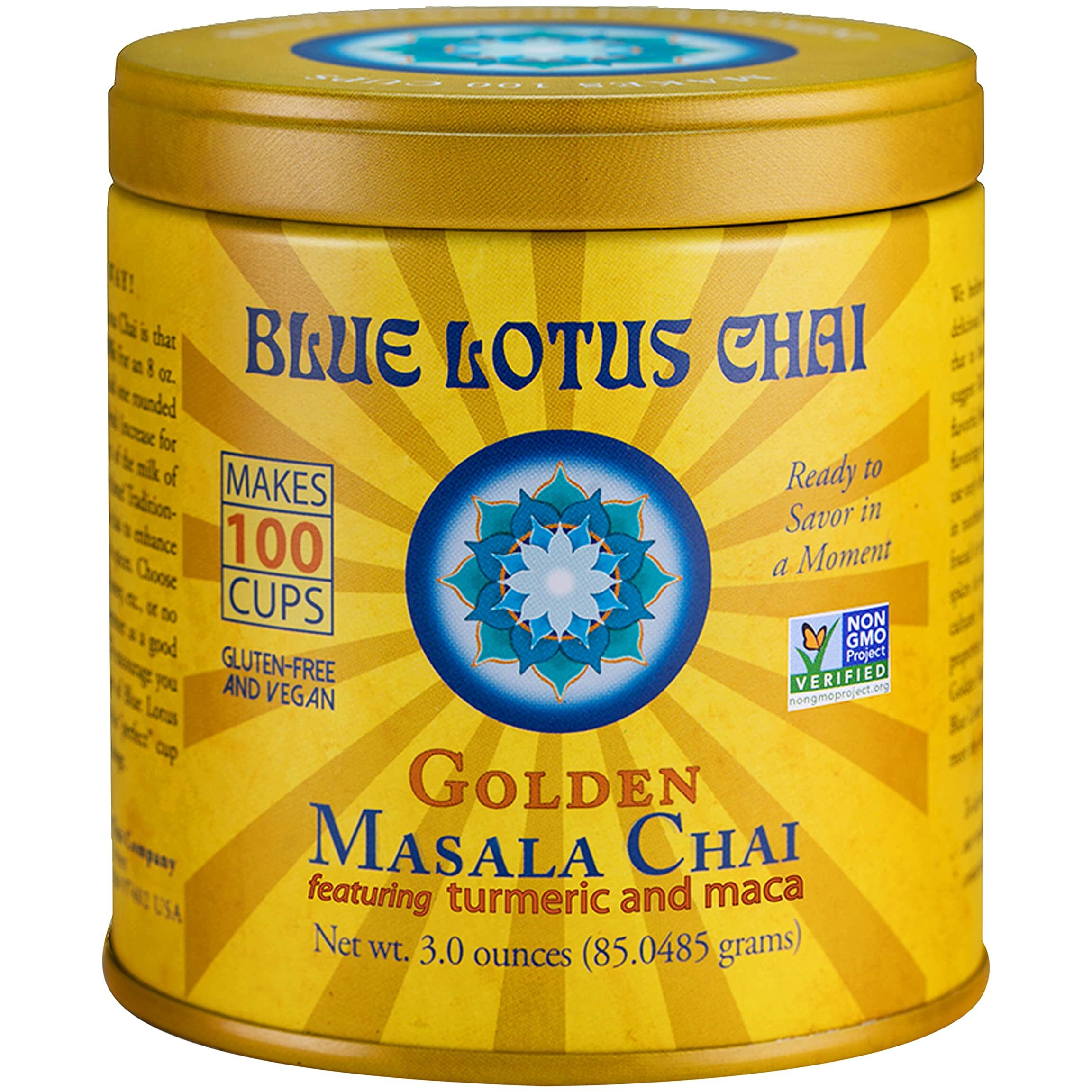 Blue Lotus Chai - Golden Masala Flavor Chai - Makes 100 Cups - 3 Ounce Masala Spiced Chai Powder With Organic Spices - Instant Indian Tea No Steeping - No Gluten
