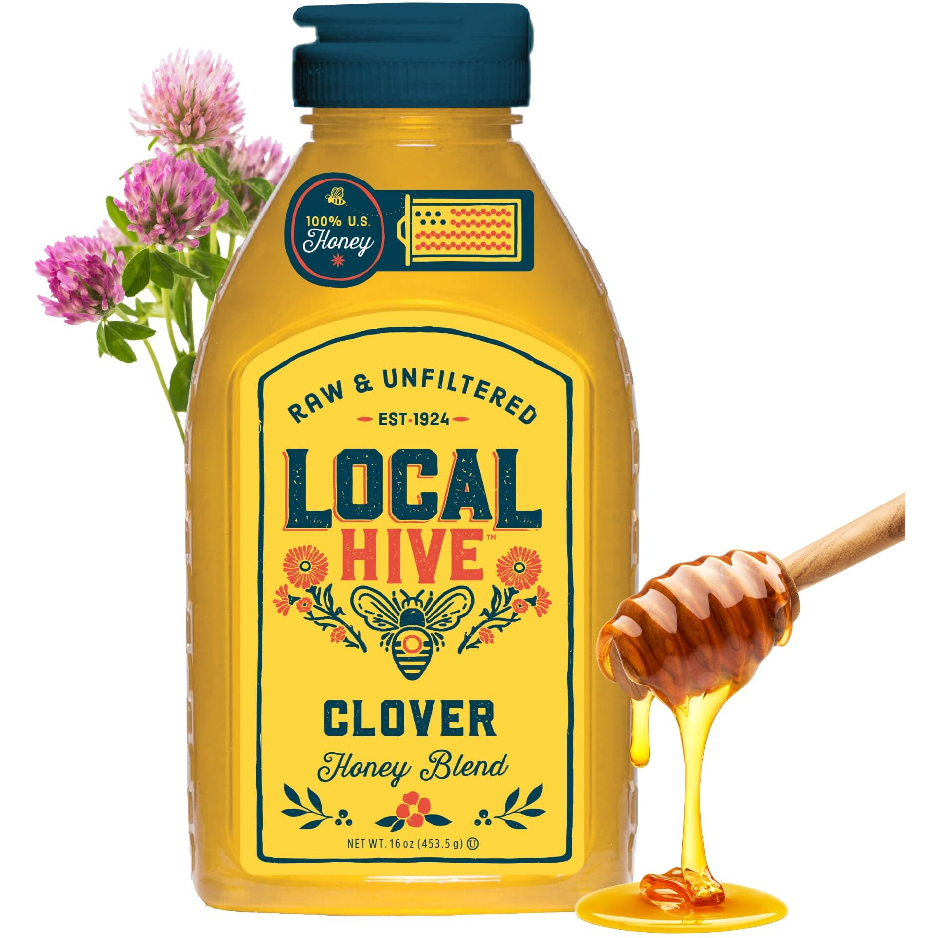 Local Hive Clover Raw Unfiltered Honey - 16 Oz, 100% Pure Us Honey, Sourced From American Bees And Beekeepers - Natural Sweetener, Ideal For Tea, Baking, And Cooking