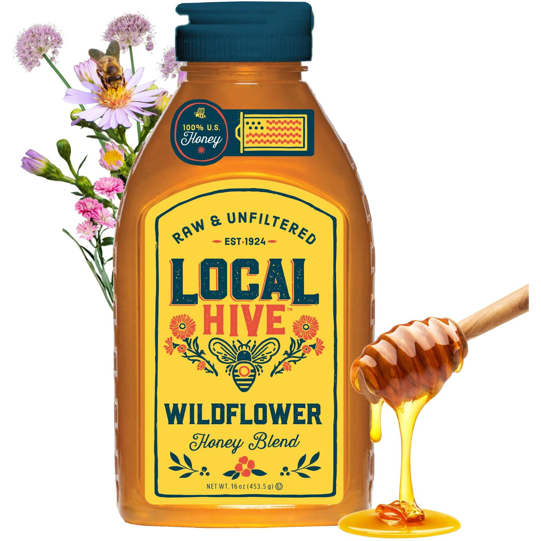 Local Hive Wildflower Raw Unfiltered Honey - 16Oz, 100% Pure Us Honey, Sourced From American Bees And Beekeepers - Natural Sweetener, Ideal For Tea, Baking, And Cooking