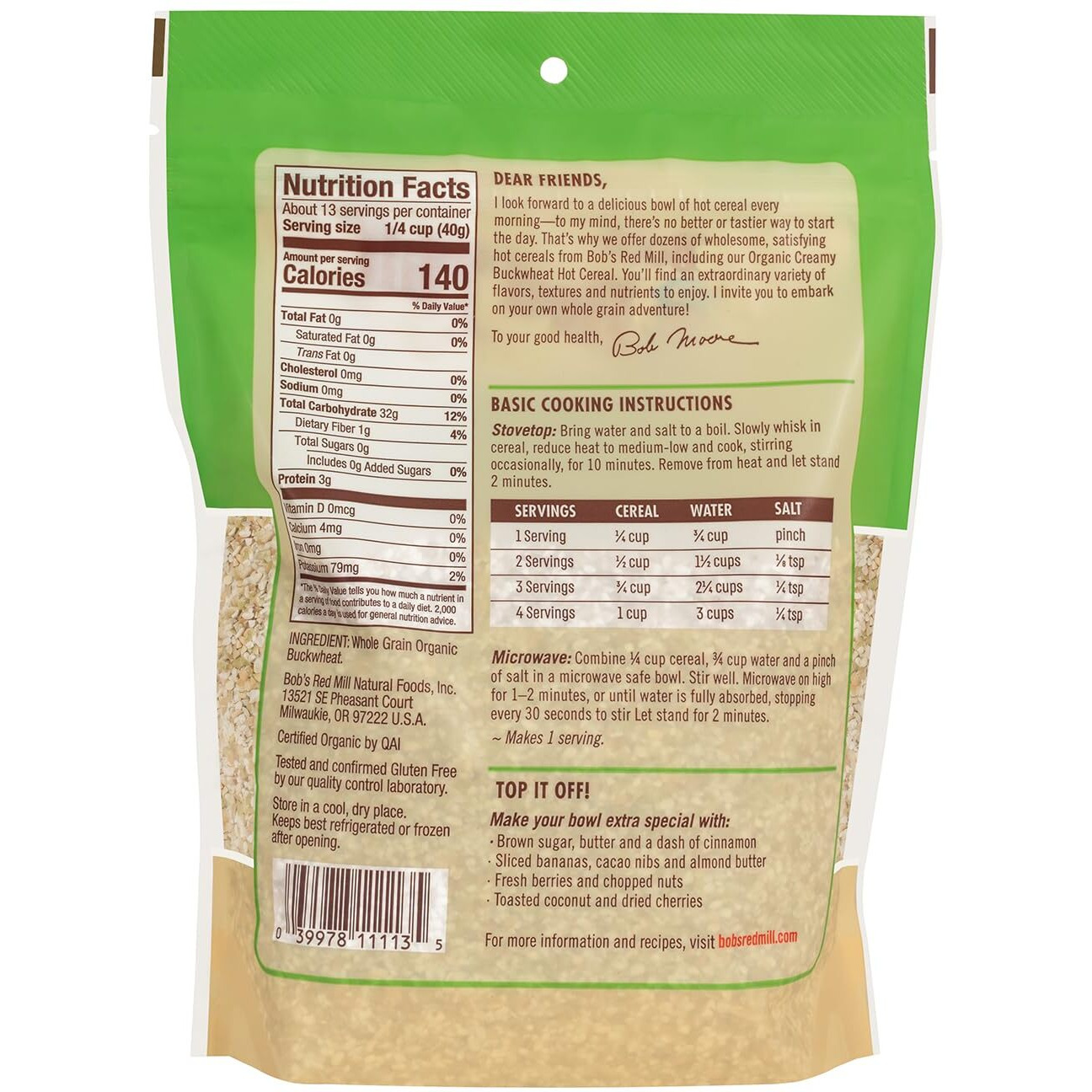 Bob's Red Mill Organic Gluten Free Creamy Buckwheat Hot Cereal, 18Oz (Pack Of 1) - Non Gmo, Whole Grain, Vegan, Kosher
