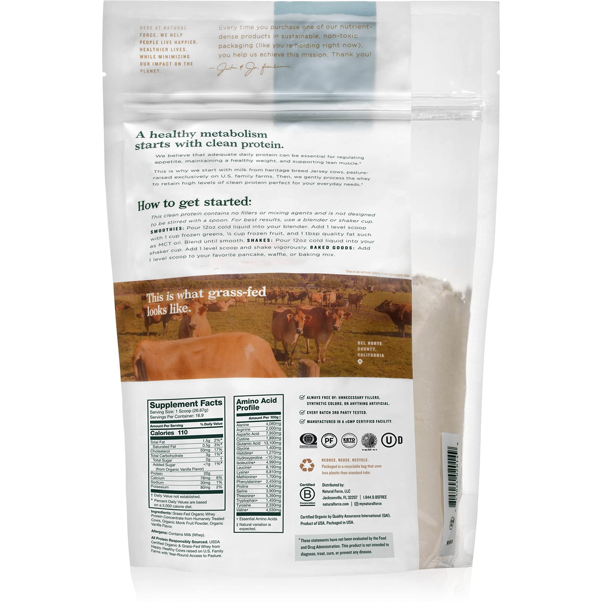 Natural Force Grass Fed Organic Whey Protein Powder - Non Gmo Verified, Humane Certified & Lab Tested For Toxins - Real Vanilla Flavor - Keto Friendly, Low Carb, And Kosher - 16 Ounce A2 Protein