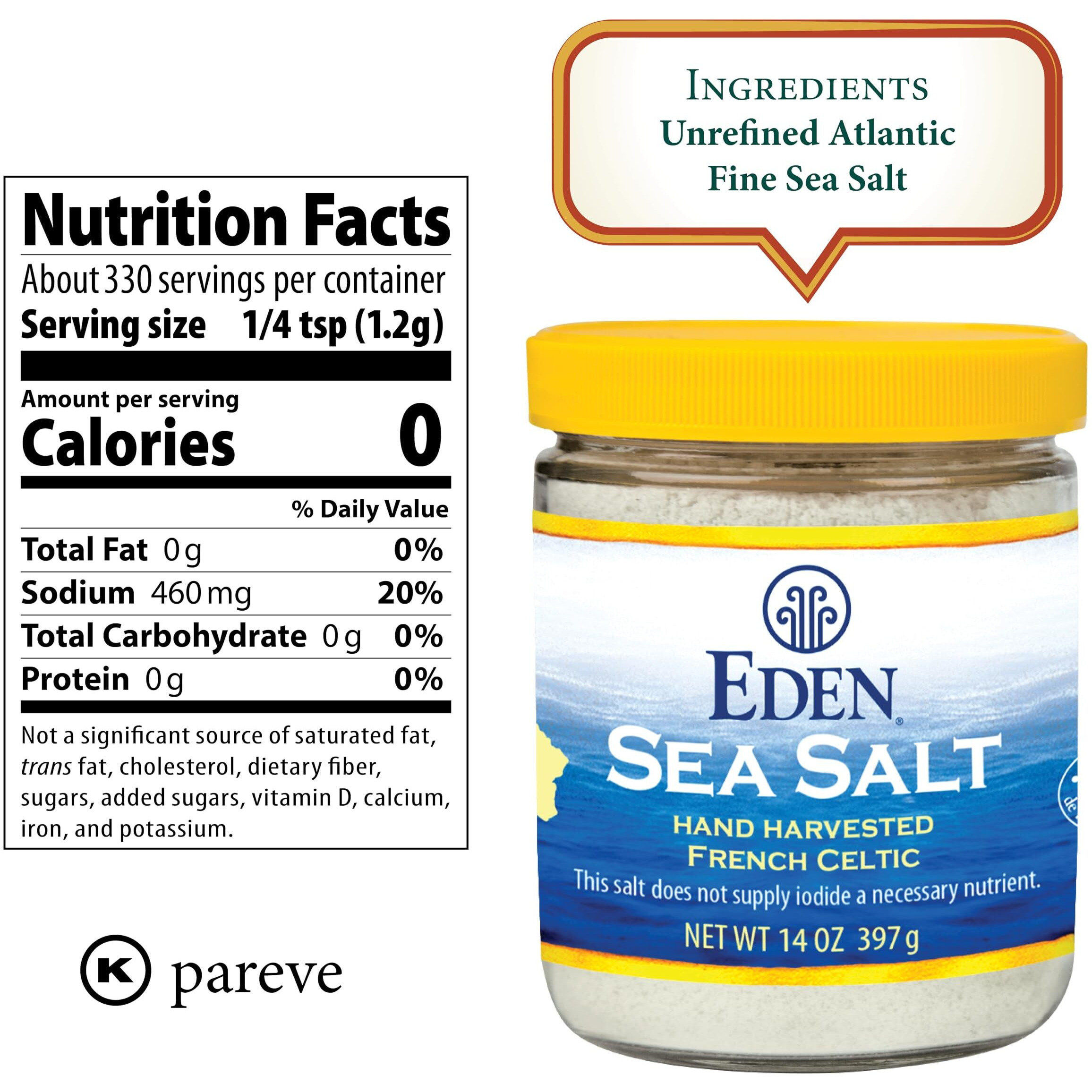 Eden Sea Salt, Hand Harvested French Celtic, Stone Ground (Fine), 82 Trace Minerals, Unrefined, Glass Jar, 14 Oz