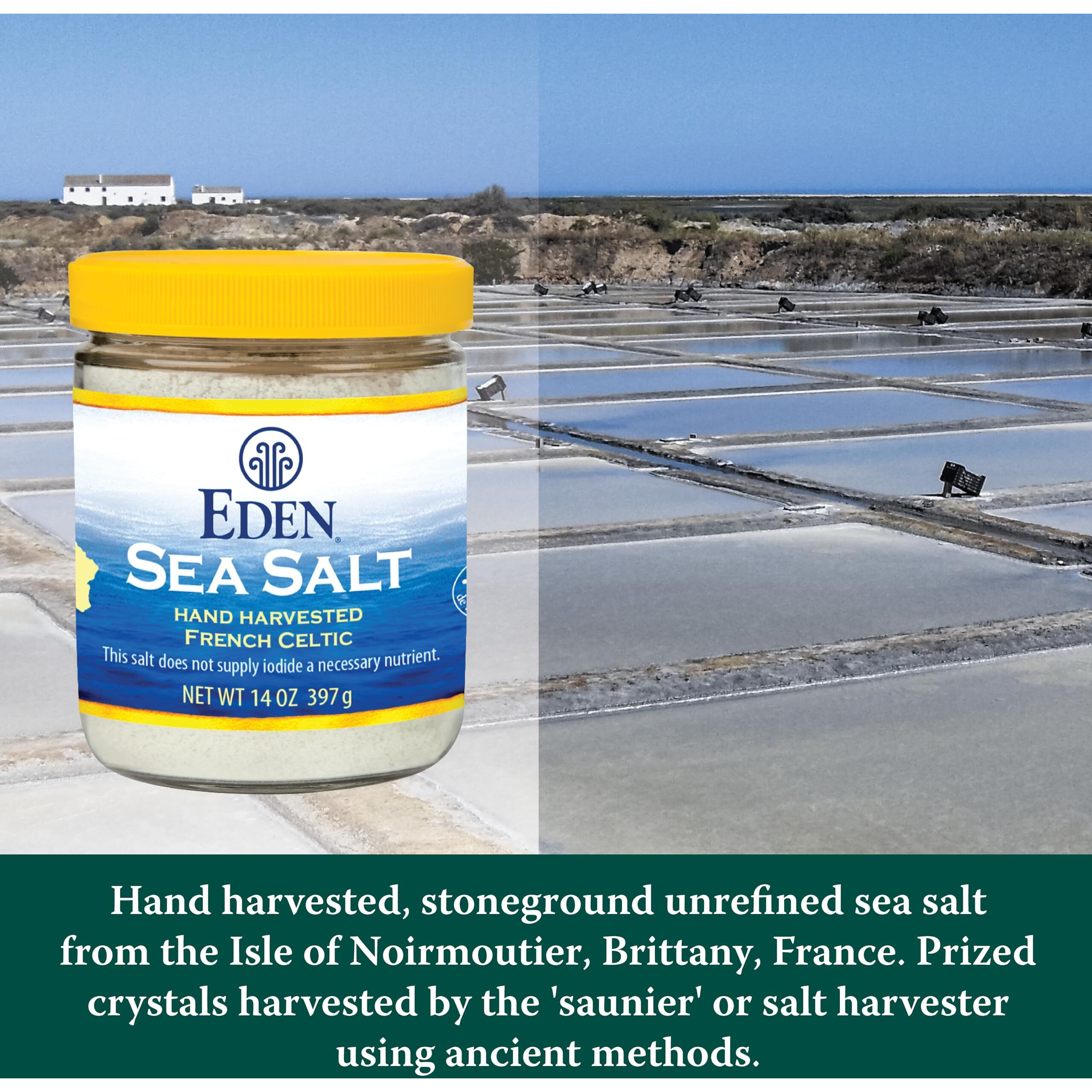 Eden Sea Salt, Hand Harvested French Celtic, Stone Ground (Fine), 82 Trace Minerals, Unrefined, Glass Jar, 14 Oz