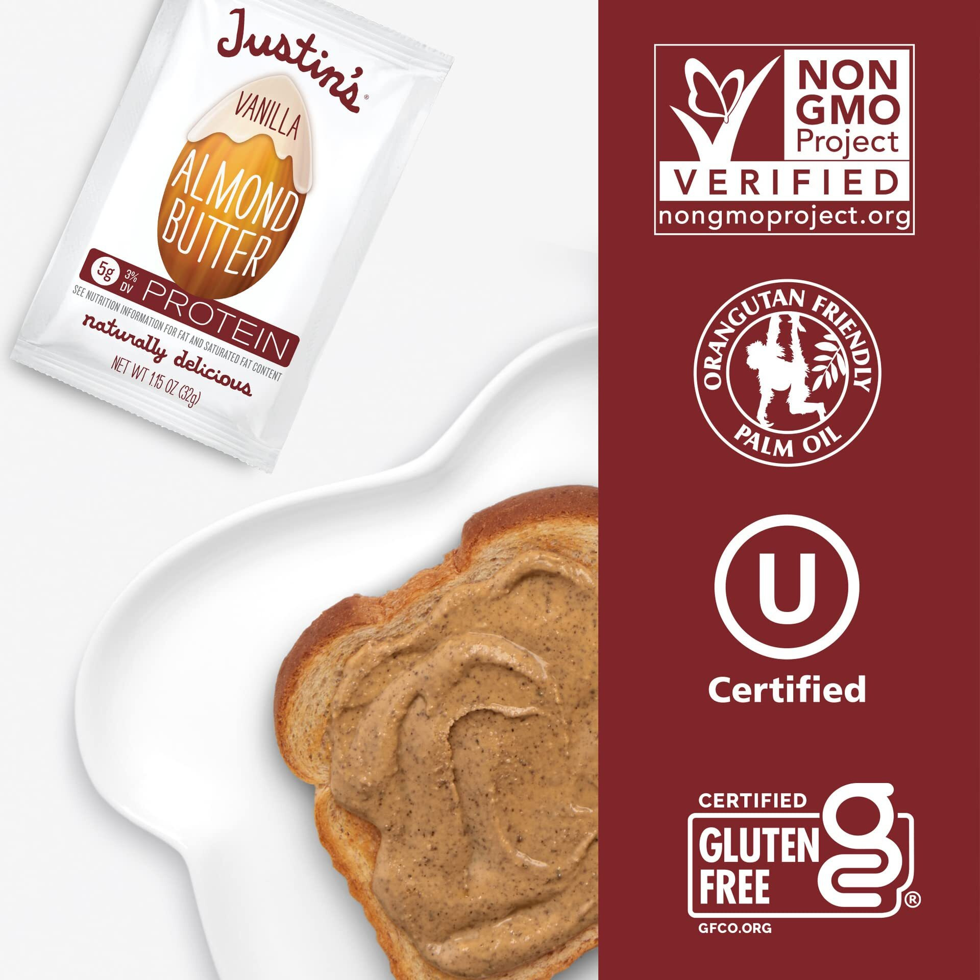 Justin's Gluten-Free Vanilla Almond Butter 1.15 Oz Squeeze Pack, (Pack Of 10)