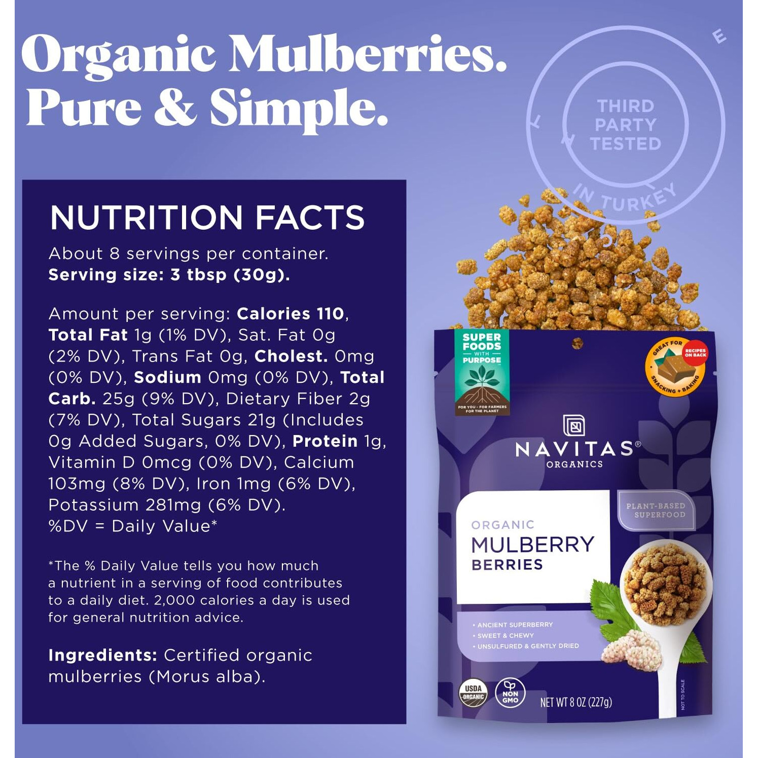Navitas Organics Mulberries, 8 Oz. Bag, 8 Servings - Organic, Non-Gmo, Sun-Dried, Gluten-Free, Sulfite-Free (Pack Of 1)