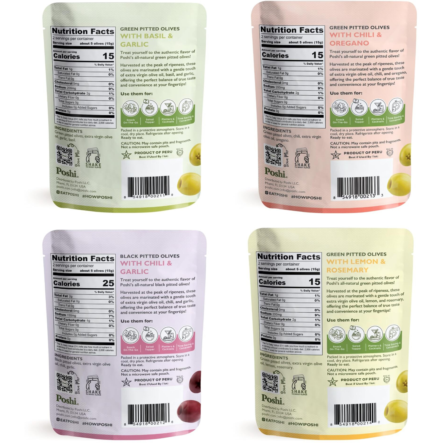 Poshi Natural Whole Pitted Olives | 24 Pack Variety | Basil & Garlic, Chili & Oregano, Chili + Garlic, Lemon & Rosemary | Vegan, Kosher, Gluten Free + Keto Friendly Healthy Snacks, 1.1 Oz (Pack Of 24)