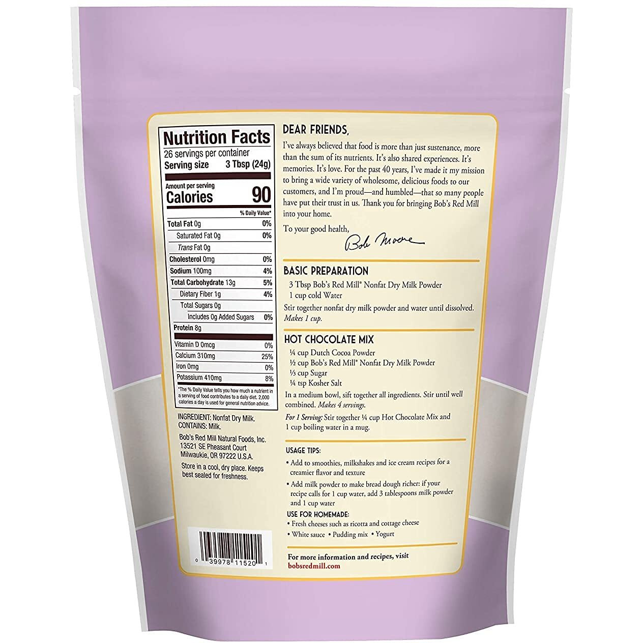 Bob's Red Mill Non-Fat Dry Milk Powder, 22Oz (Pack Of 1) - Makes 26 Cups Per Bag, Made In Usa, Unflavored, Kosher