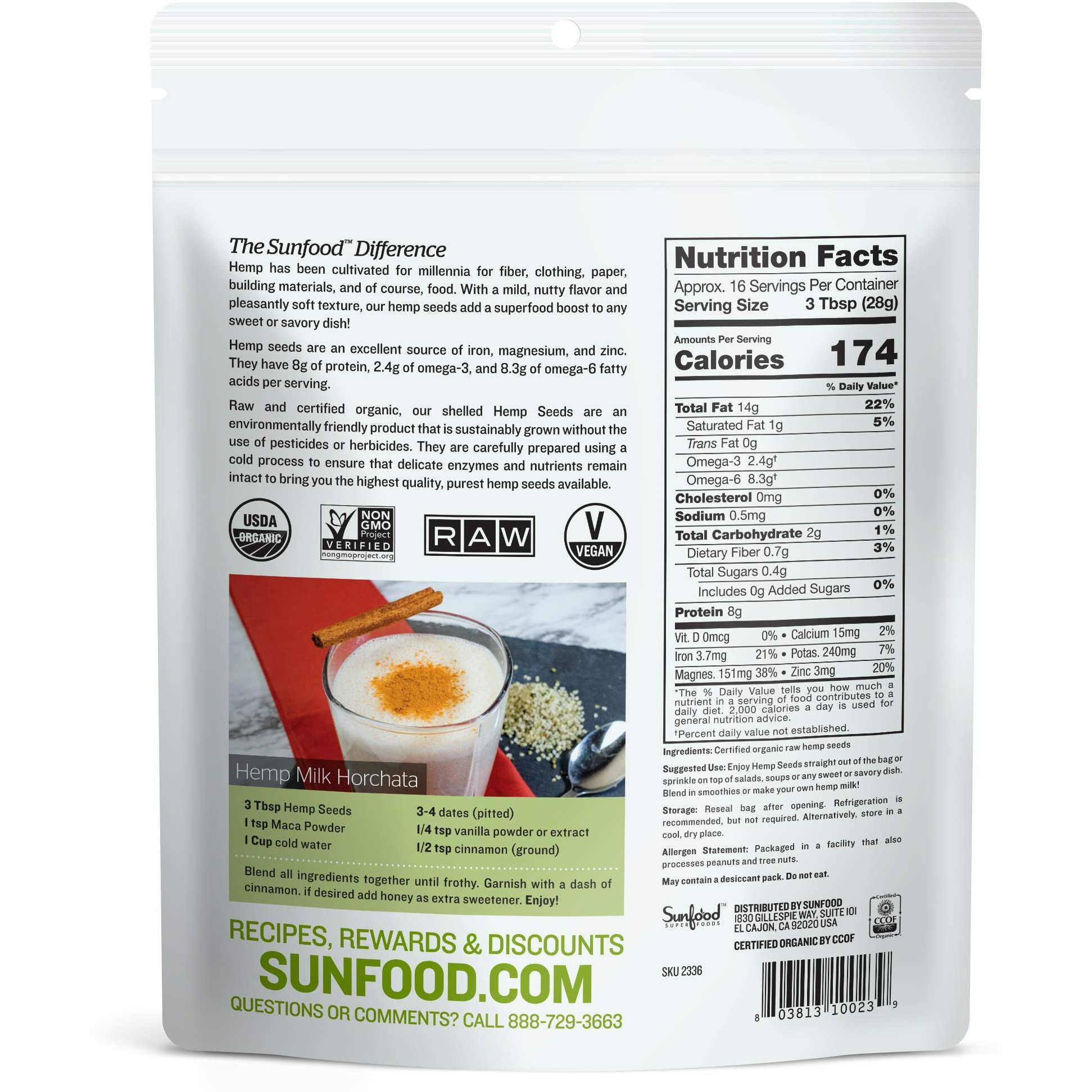 Sunfood Superfoods Raw Organic Hemp Seeds - Hemp Seeds Organic, Hemp Hearts Organic, Shelled Hemp Seeds To Eat, Bulk, Keto Friendly, High Protein, Omega 3 & 6-1 Lb Bag
