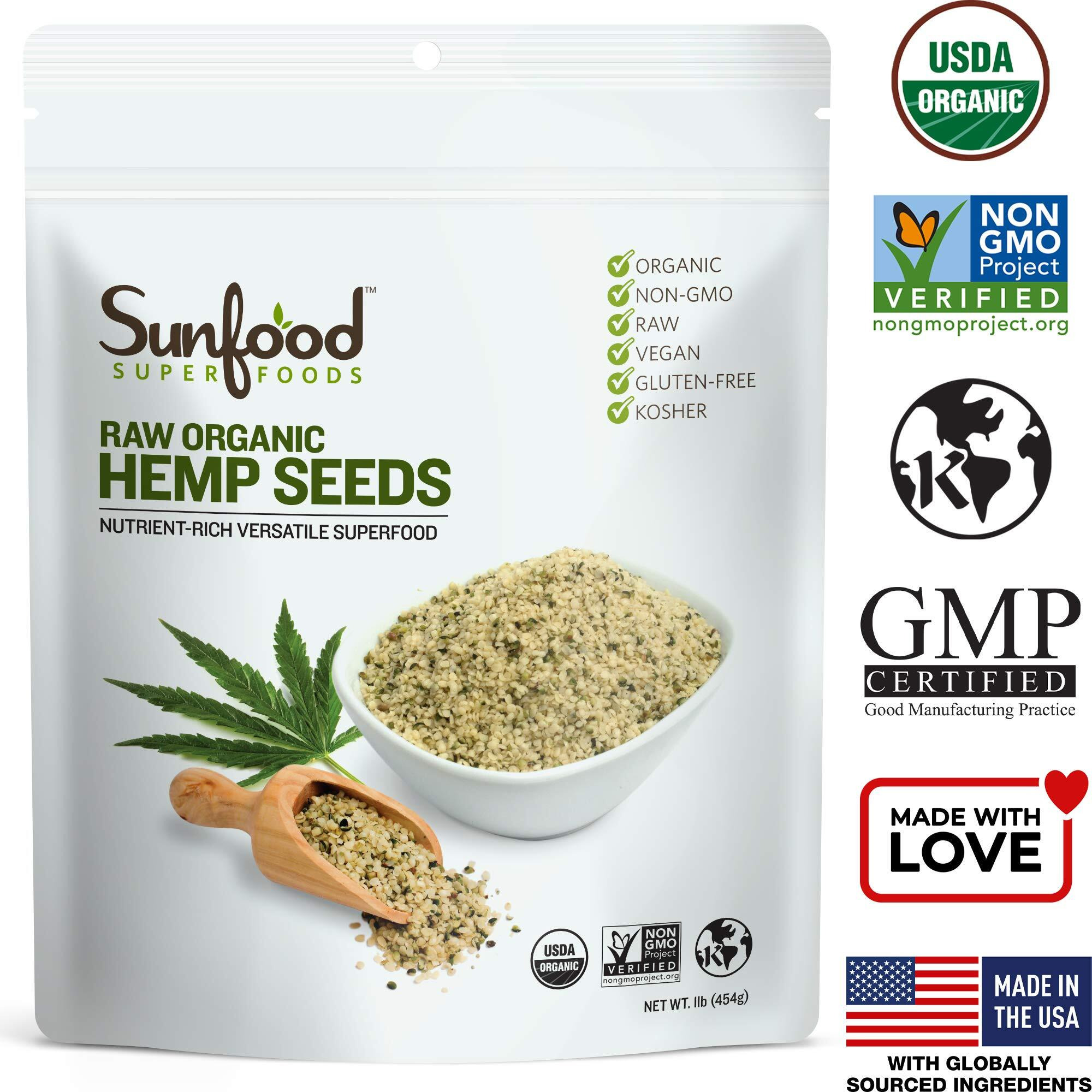 Sunfood Superfoods Raw Organic Hemp Seeds - Hemp Seeds Organic, Hemp Hearts Organic, Shelled Hemp Seeds To Eat, Bulk, Keto Friendly, High Protein, Omega 3 & 6-1 Lb Bag