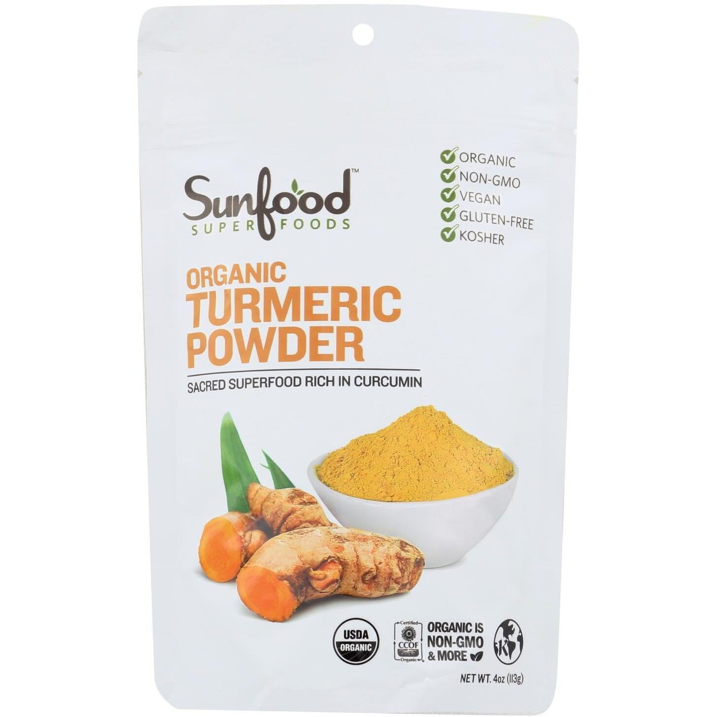 Sunfood Organic Turmeric Powder - Turmeric Powder Organic, Ground Turmeric Powder, Curcuma Supplement, Pure Ground Spice For Health, Seasoning, Curcumin, Organic Turmeric Root Powder - 4 Oz Bag