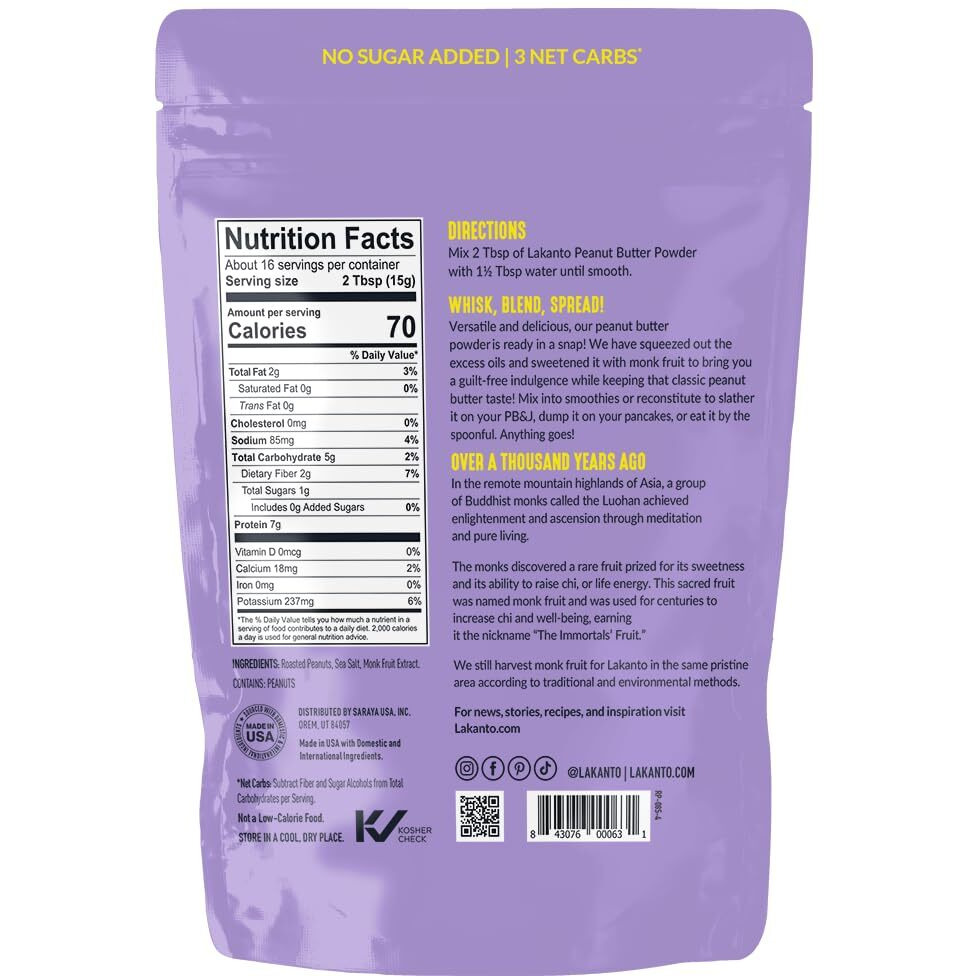 Lakanto Peanut Butter Powder - Sweetened With Monk Fruit Sweetener, 7G Protein, Powdered Pb From Roasted Peanuts, 3G Net Carbs, Keto, Vegan, Gluten Free, Smoothies, Sauces, Baking (8.5 Oz)