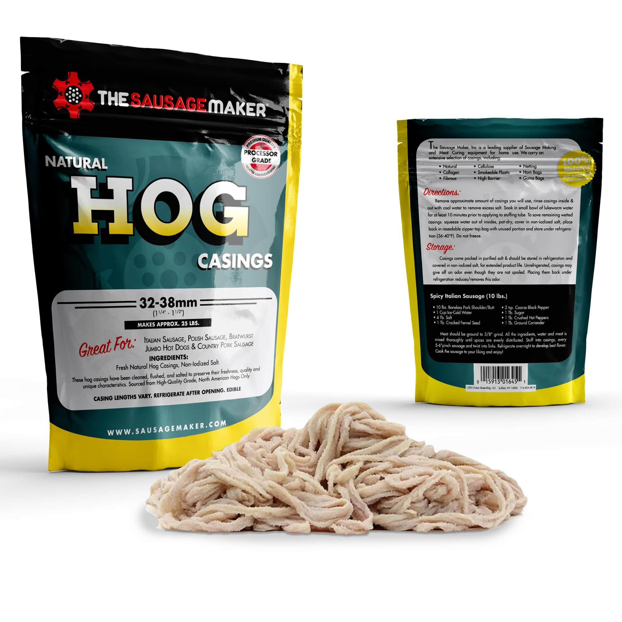 The Sausage Maker Natural Hog Sausage Casings 32-38Mm, Edible Casing For Sausage Making, Stuff Over 25 Lbs Meat, Breakfast, Italian, Polish, Bratwurst, Hot Dog, Pork Links, 1.2-1.5"" Dia, Home Pack-1