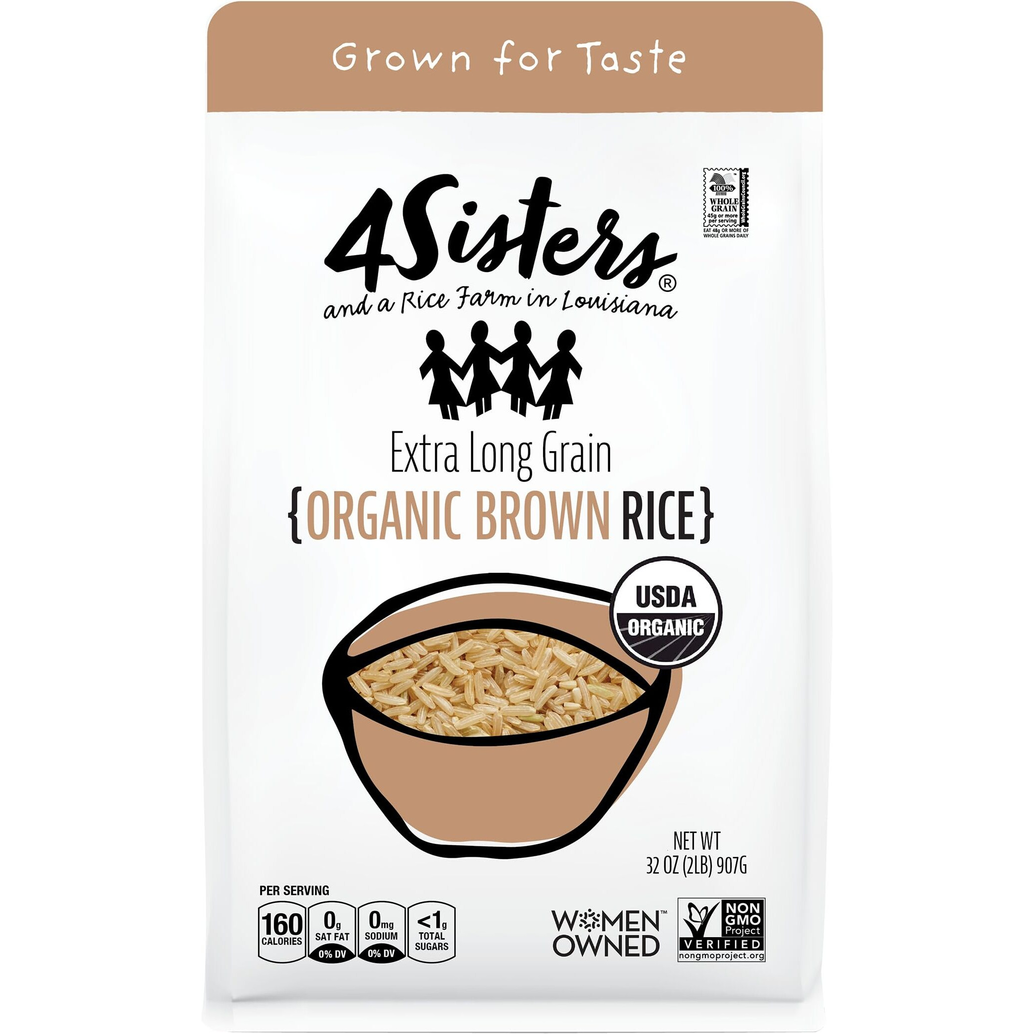 4Sisters - Organic Long Grain Brown Rice - Grown In Usa - Sustainably Grown - Women Owned - Farm To Table - 2Lb