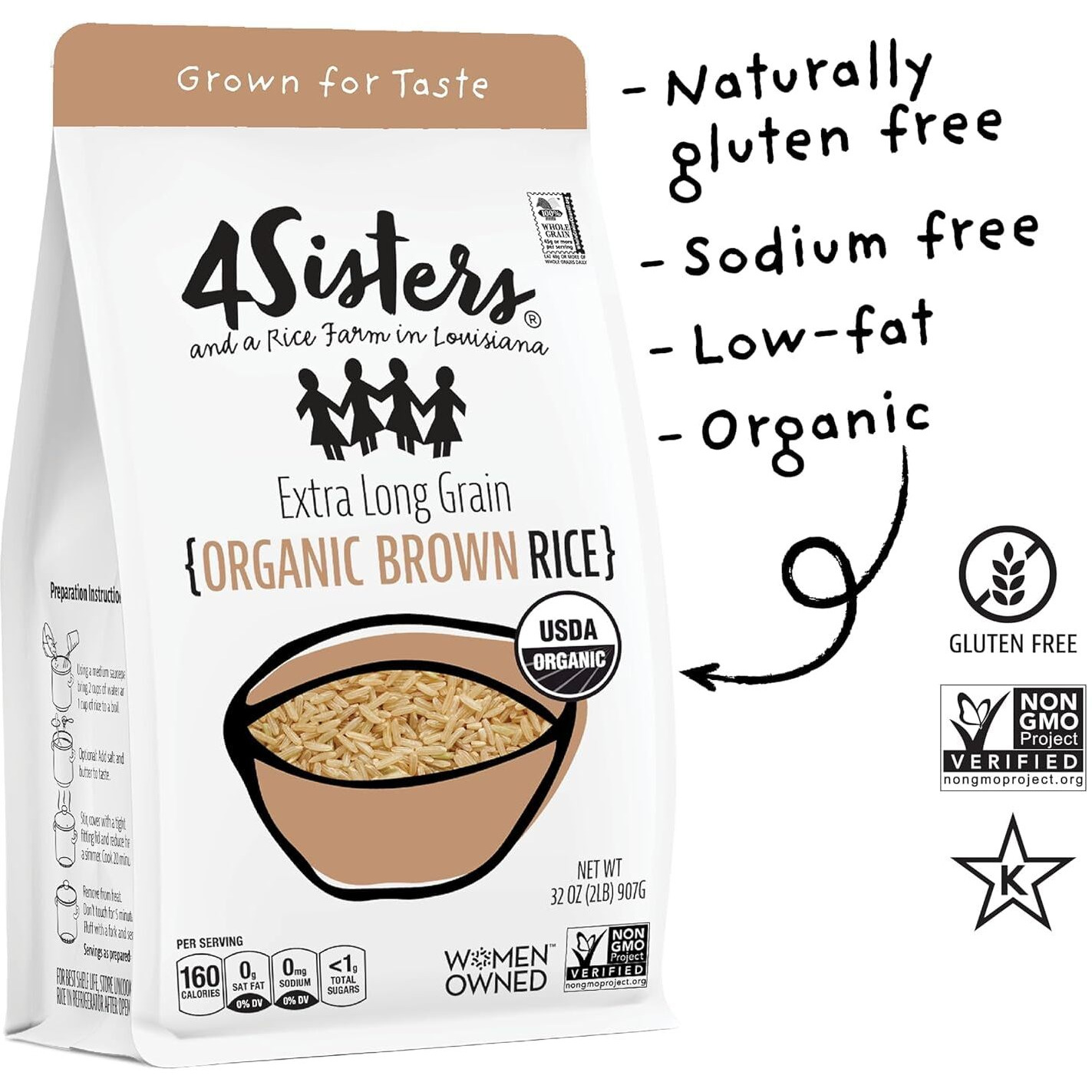 4Sisters - Organic Long Grain Brown Rice - Grown In Usa - Sustainably Grown - Women Owned - Farm To Table - 2Lb