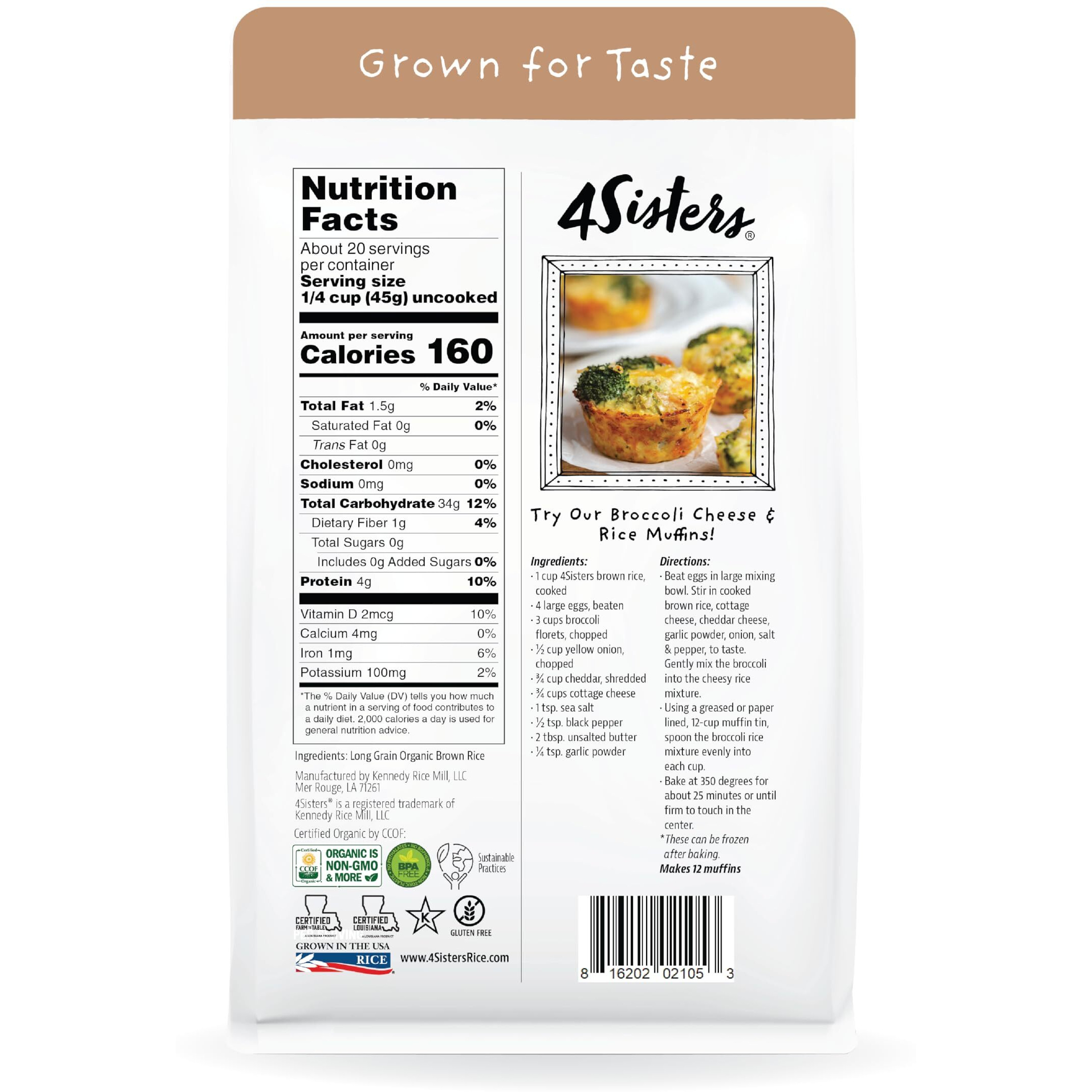 4Sisters - Organic Long Grain Brown Rice - Grown In Usa - Sustainably Grown - Women Owned - Farm To Table - 2Lb