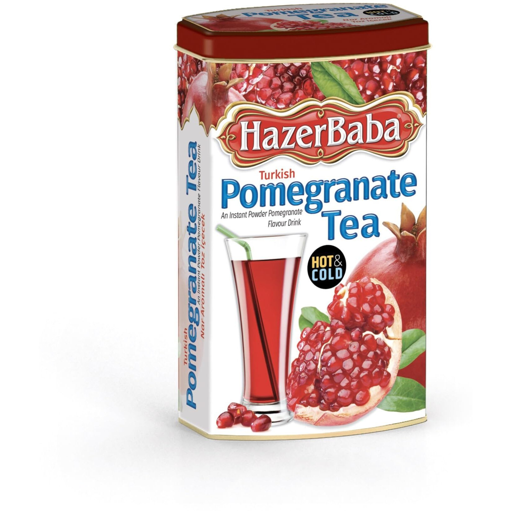 Hazer Baba Instant Drink Mix With Pomegranate Flavor, Fruity Natural Powder, Caffeine-Free, Quick Hot Or Cold, Water Enhancer, Tin Box, Juice, Vegan, Kosher, Halal, 8.8Oz (250G)