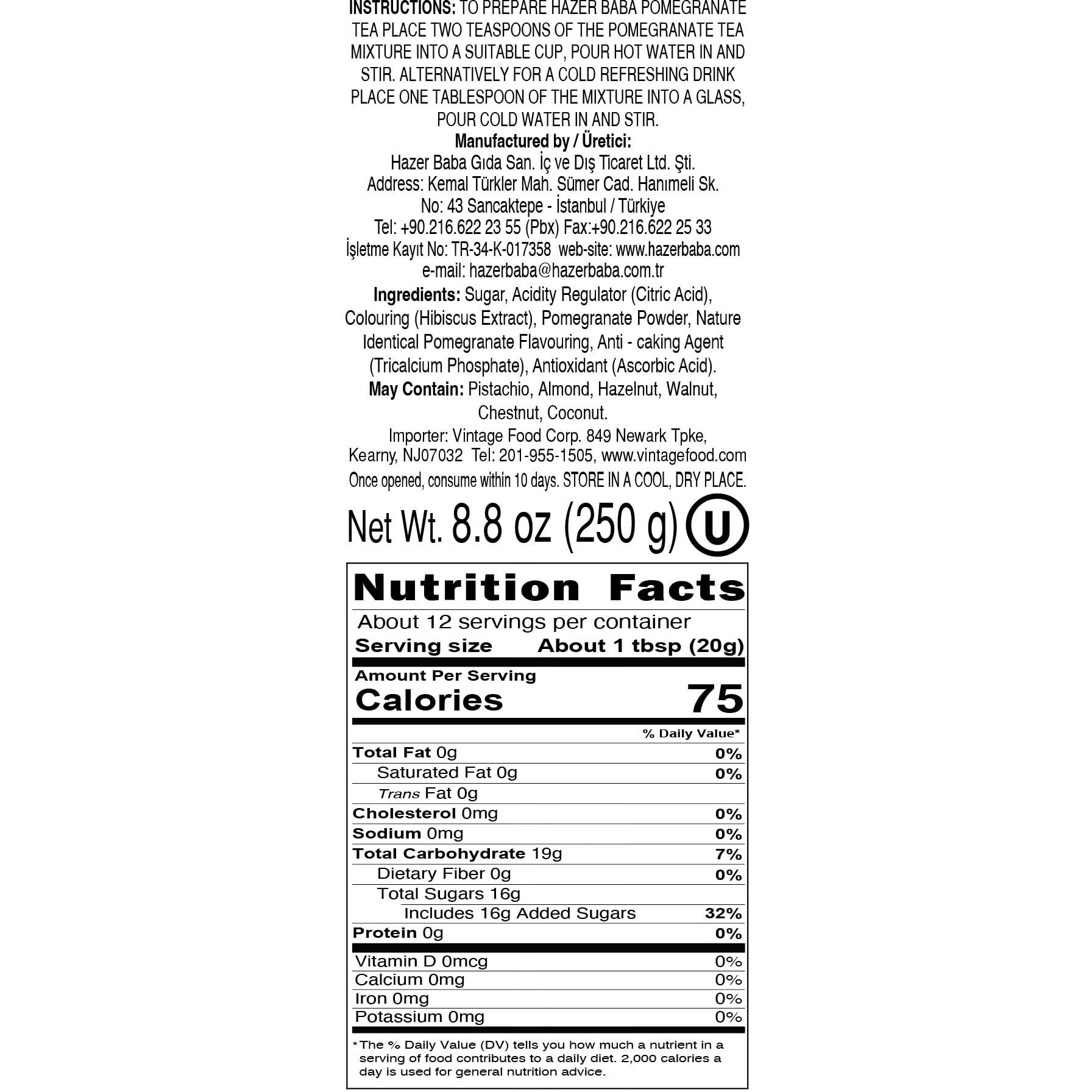 Hazer Baba Instant Drink Mix With Pomegranate Flavor, Fruity Natural Powder, Caffeine-Free, Quick Hot Or Cold, Water Enhancer, Tin Box, Juice, Vegan, Kosher, Halal, 8.8Oz (250G)