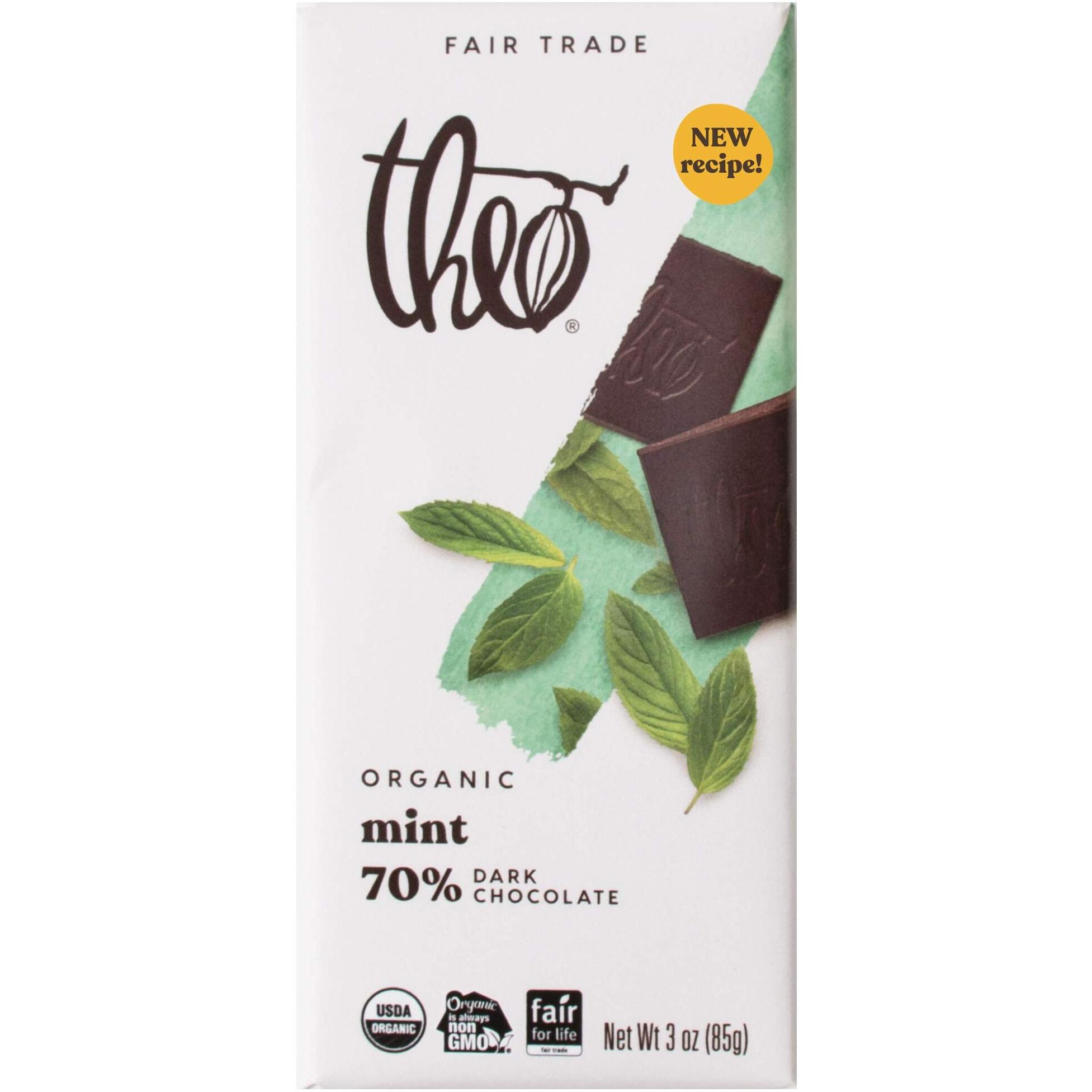 Theo Chocolate Mint Organic Dark Chocolate Bar, 70% Cacao, 12 Pack | Vegan, Fair Trade
