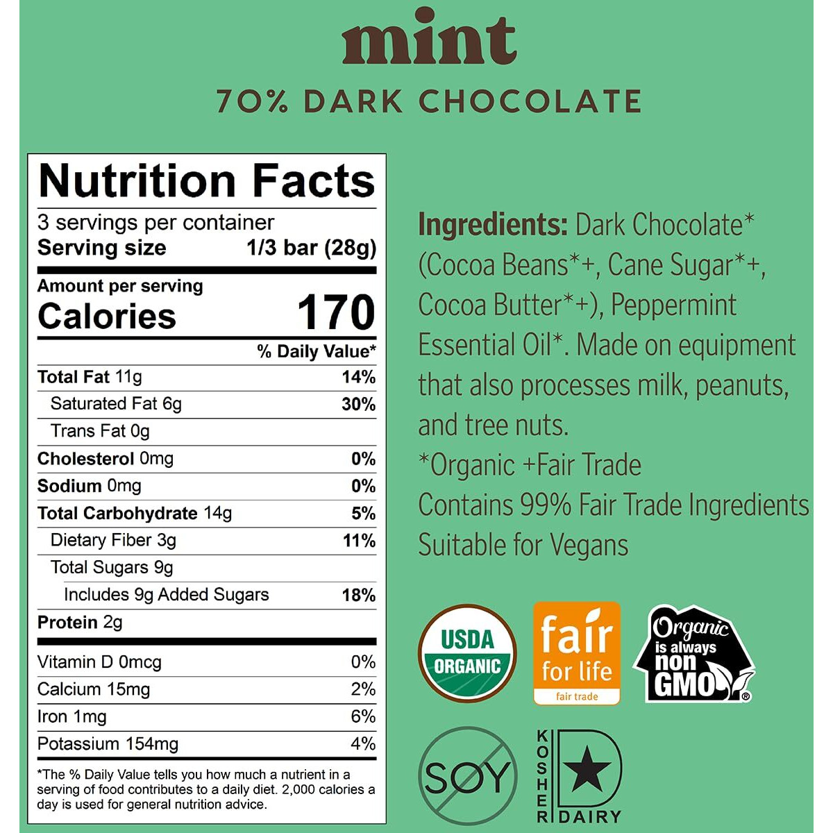 Theo Chocolate Mint Organic Dark Chocolate Bar, 70% Cacao, 12 Pack | Vegan, Fair Trade