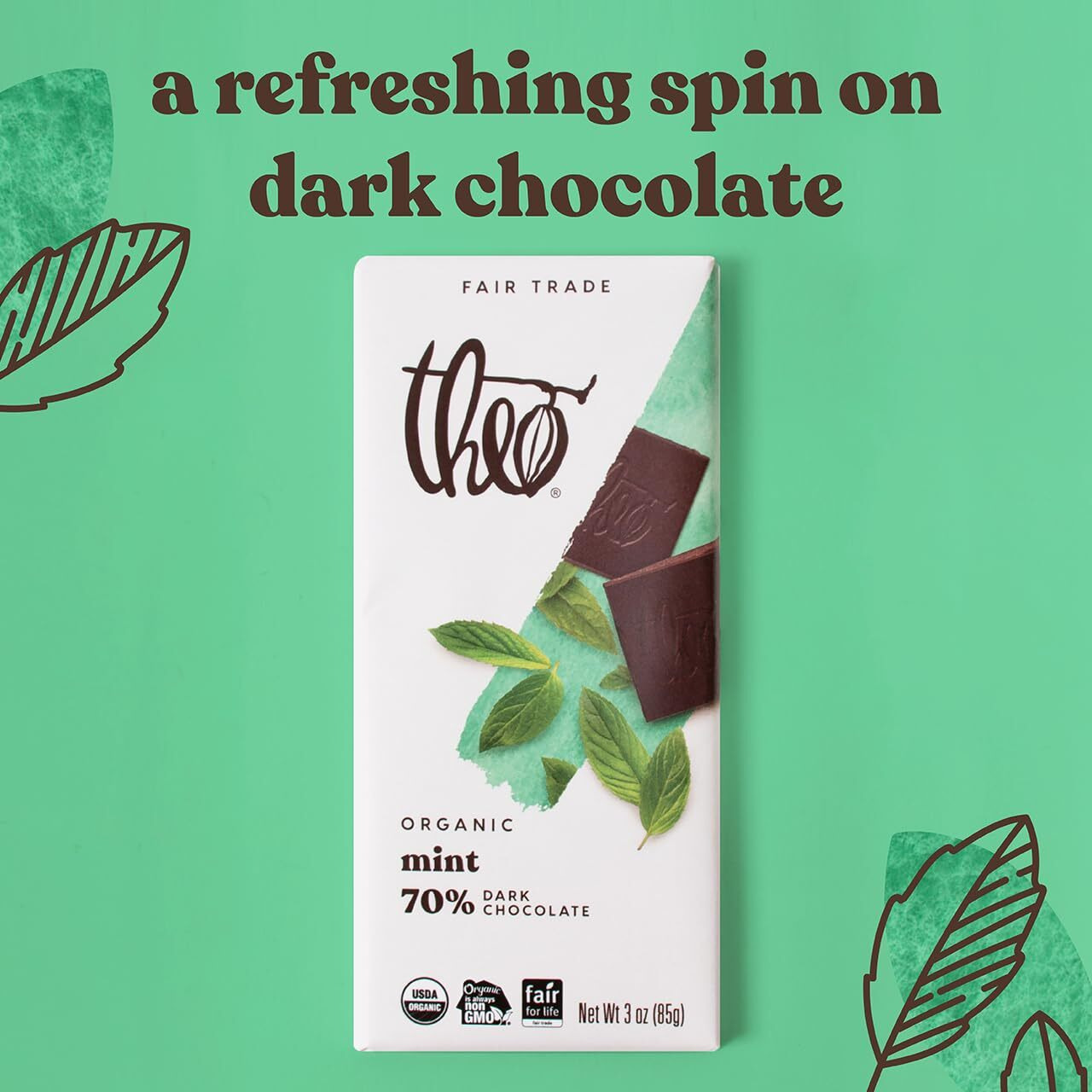 Theo Chocolate Mint Organic Dark Chocolate Bar, 70% Cacao, 12 Pack | Vegan, Fair Trade