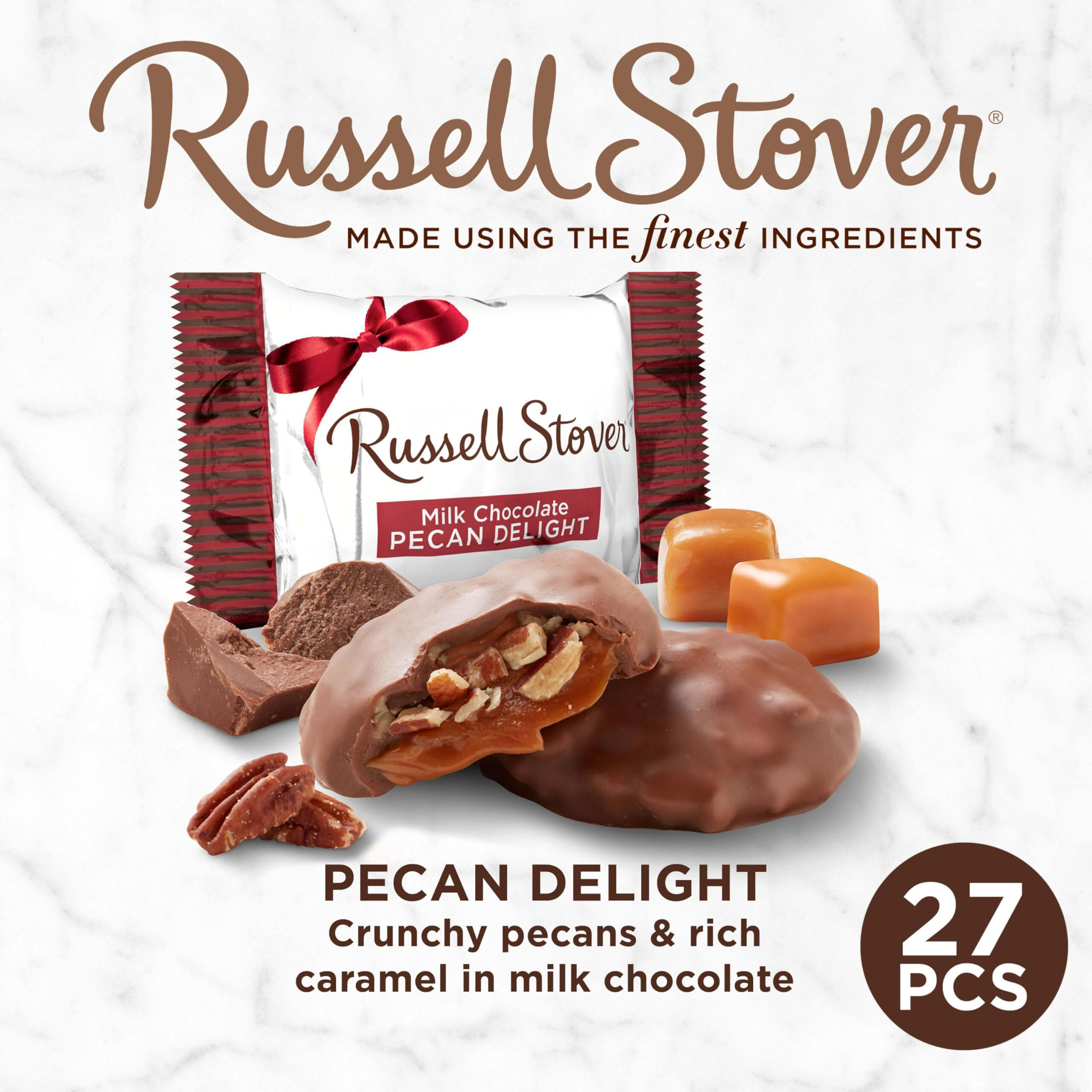 Russell Stover Pecan Delight Gusset Bag 16.10 Ounce Russel Stover Milk Chocolate Covered Candy Pack, Crunchy Pecans And Buttery Caramel Covered In Sweet Milk Chocolate Candy, Individually Wrapped