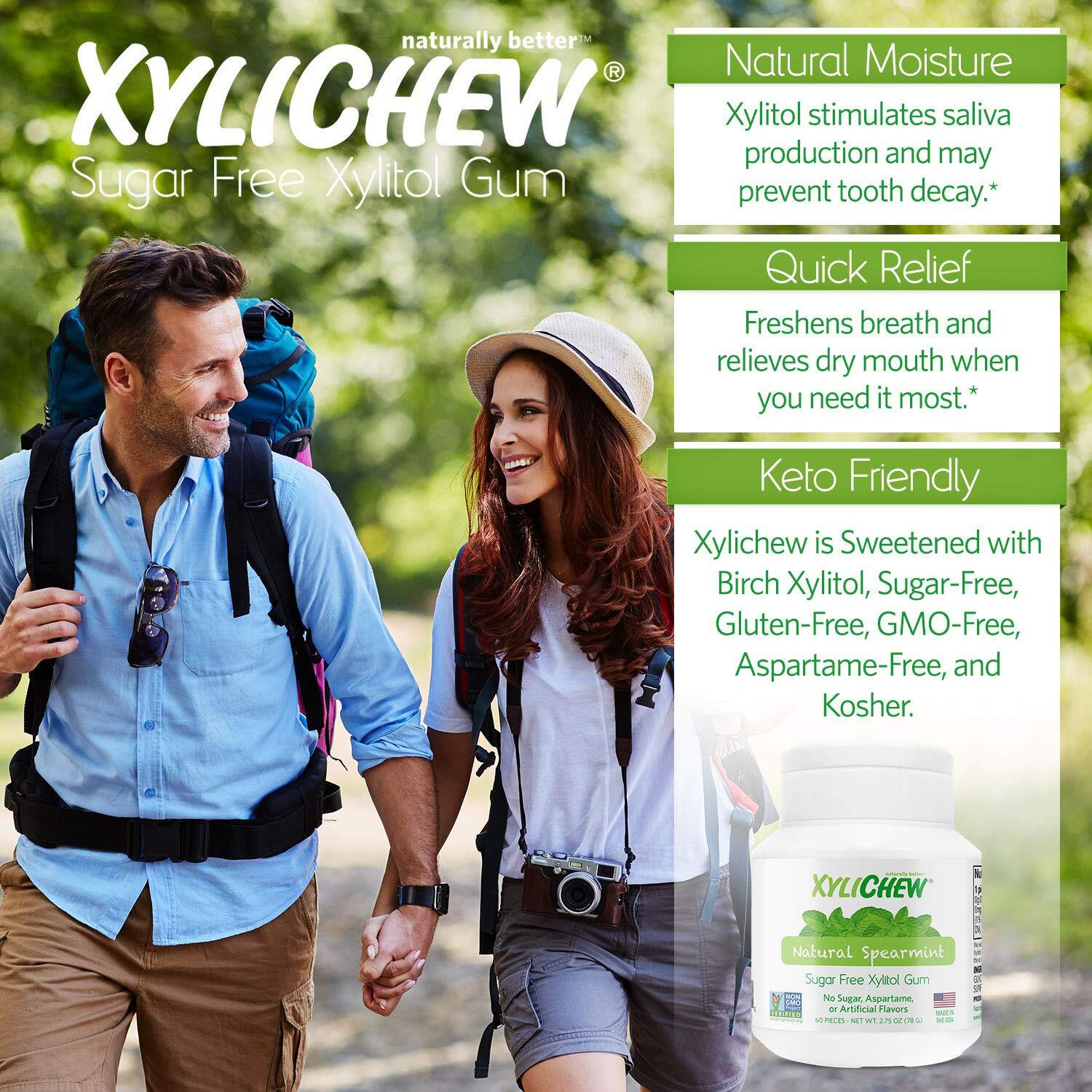 Xylichew 100% Xylitol Chewing Gum - Non Gmo, Non Aspartame, Gluten Free, And Sugar Free Gum - Natural Oral Care, Relieves Bad Breath And Dry Mouth - Spearmint, 60 Count