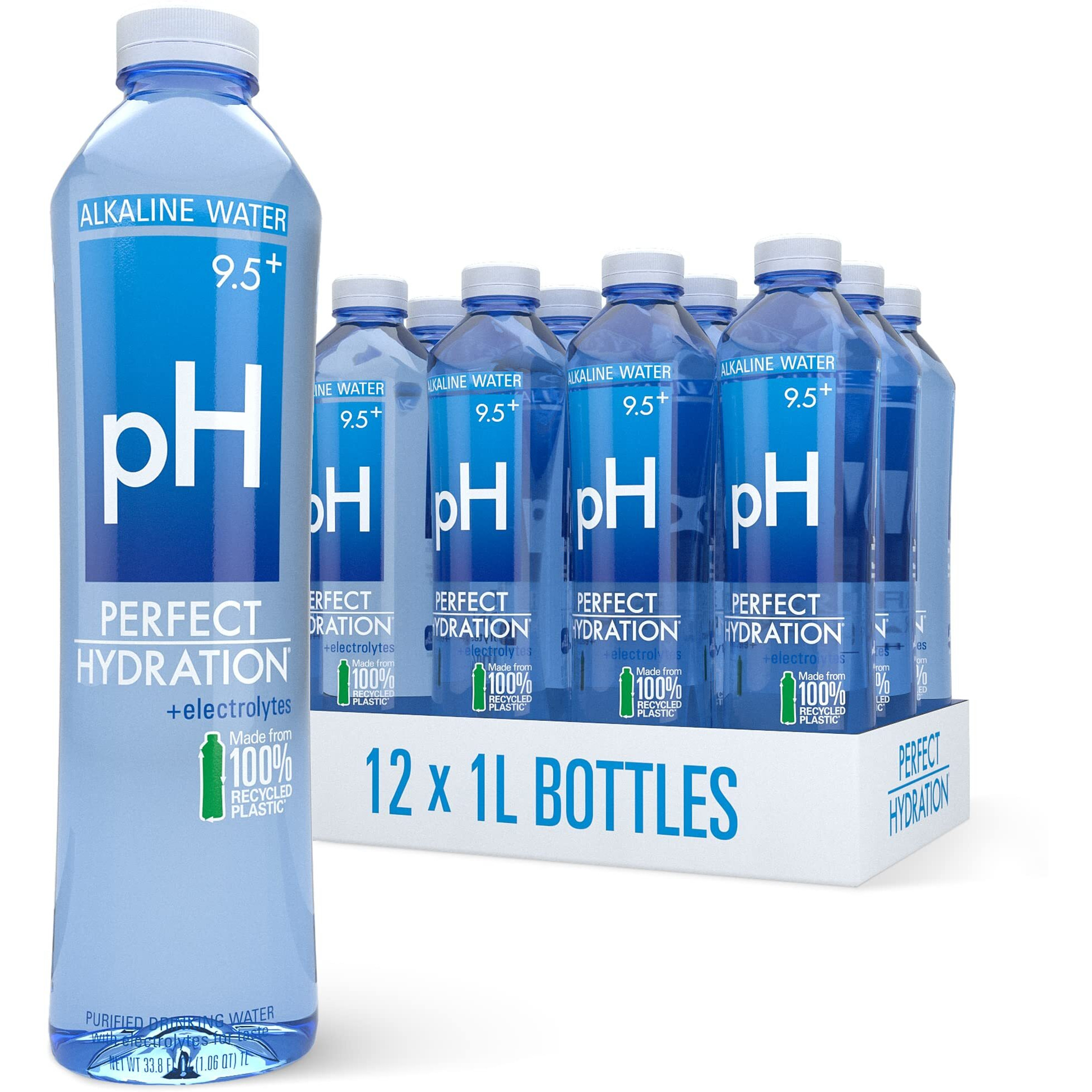 Perfect Hydration 9.5+ Ph Alkaline Drinking Water | 100% Recycled Bottles | Electrolyte Minerals For Taste | 12 Pack - 1 Liter (33.8 Oz)