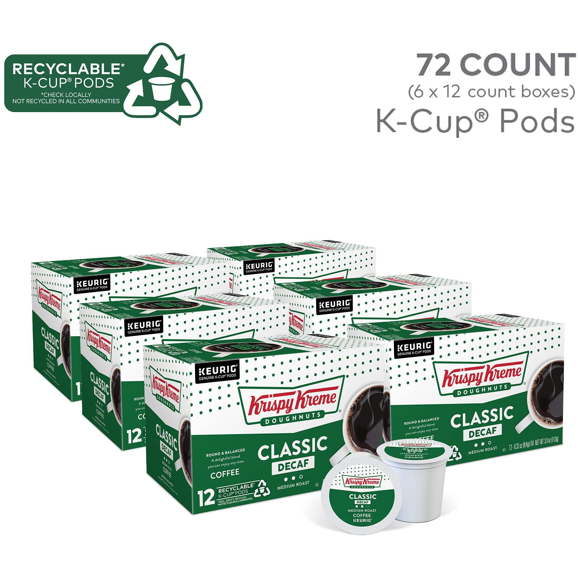 Krispy Kreme Classic Decaf, Single-Serve Keurig K-Cup Pods, Medium Roast Coffee Pods, 72 Count