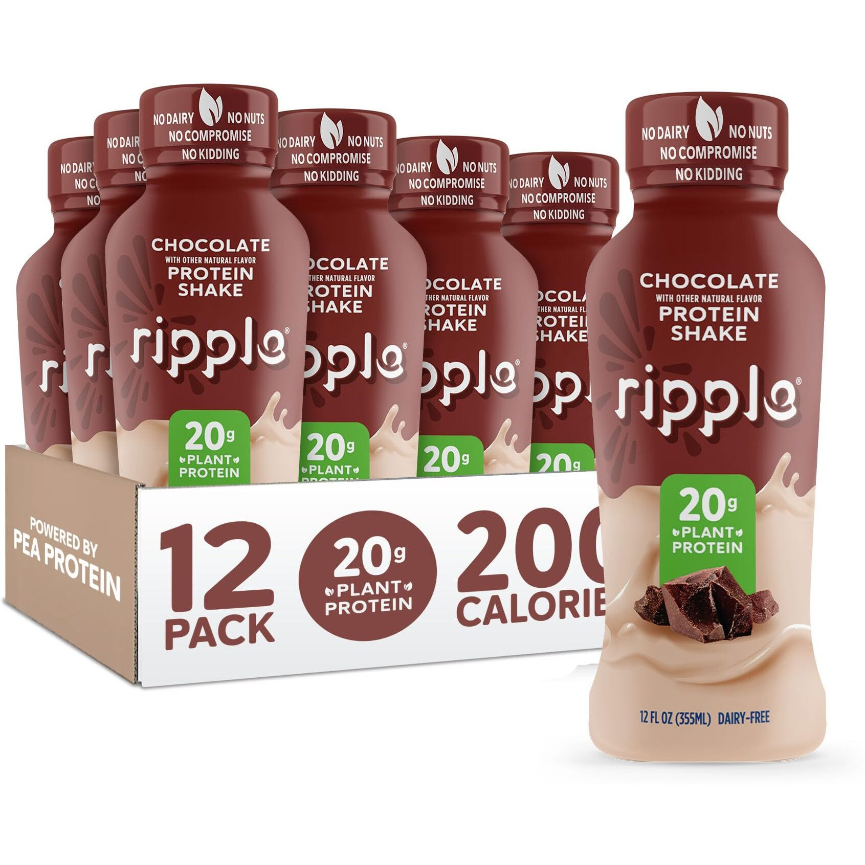 Ripple Vegan Protein Shake | Chocolate | 20G Nutritious Plant Based Pea Protein | Shelf Stable | No Gmos, Soy, Nut, Gluten, Lactose | 12 Oz, 12 Pack